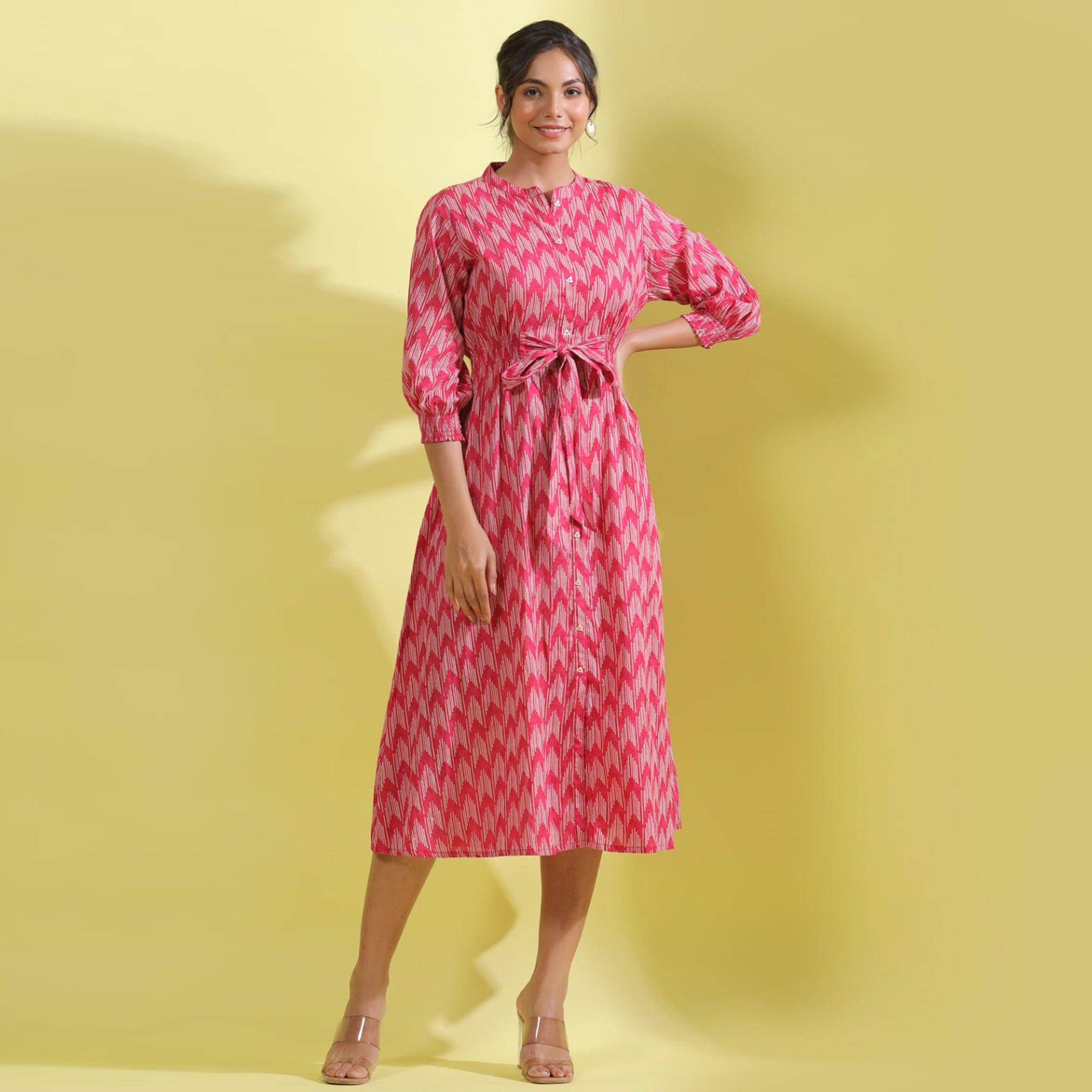 Light Pink Printed Pure Cotton Dress - Peachmode