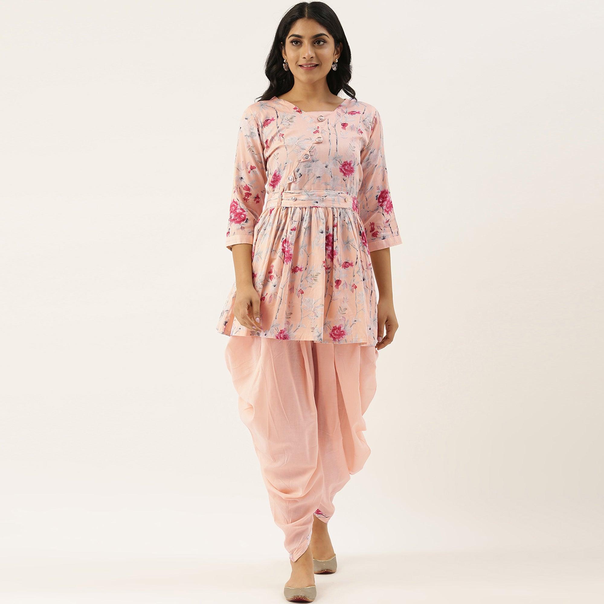 Light Pink Printed Pure Cotton Kurti With Dhoti Set - Peachmode