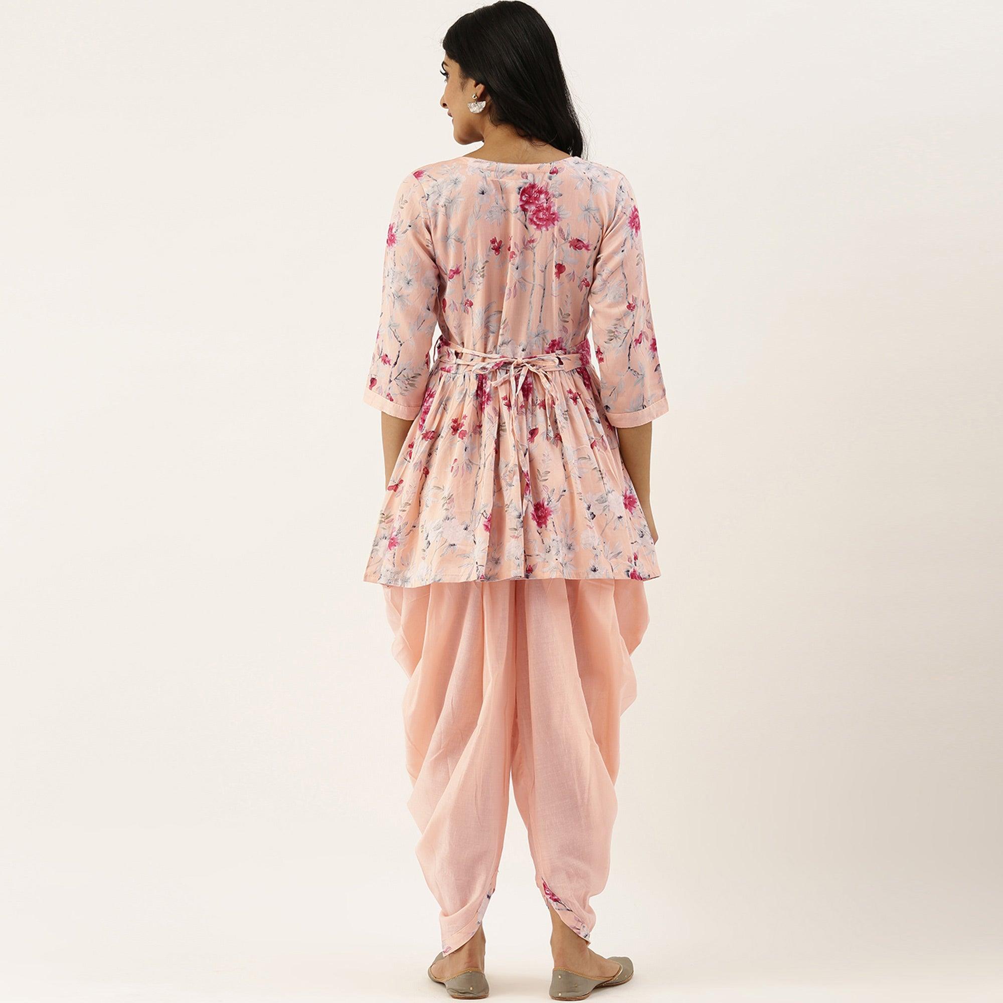 Light Pink Printed Pure Cotton Kurti With Dhoti Set - Peachmode