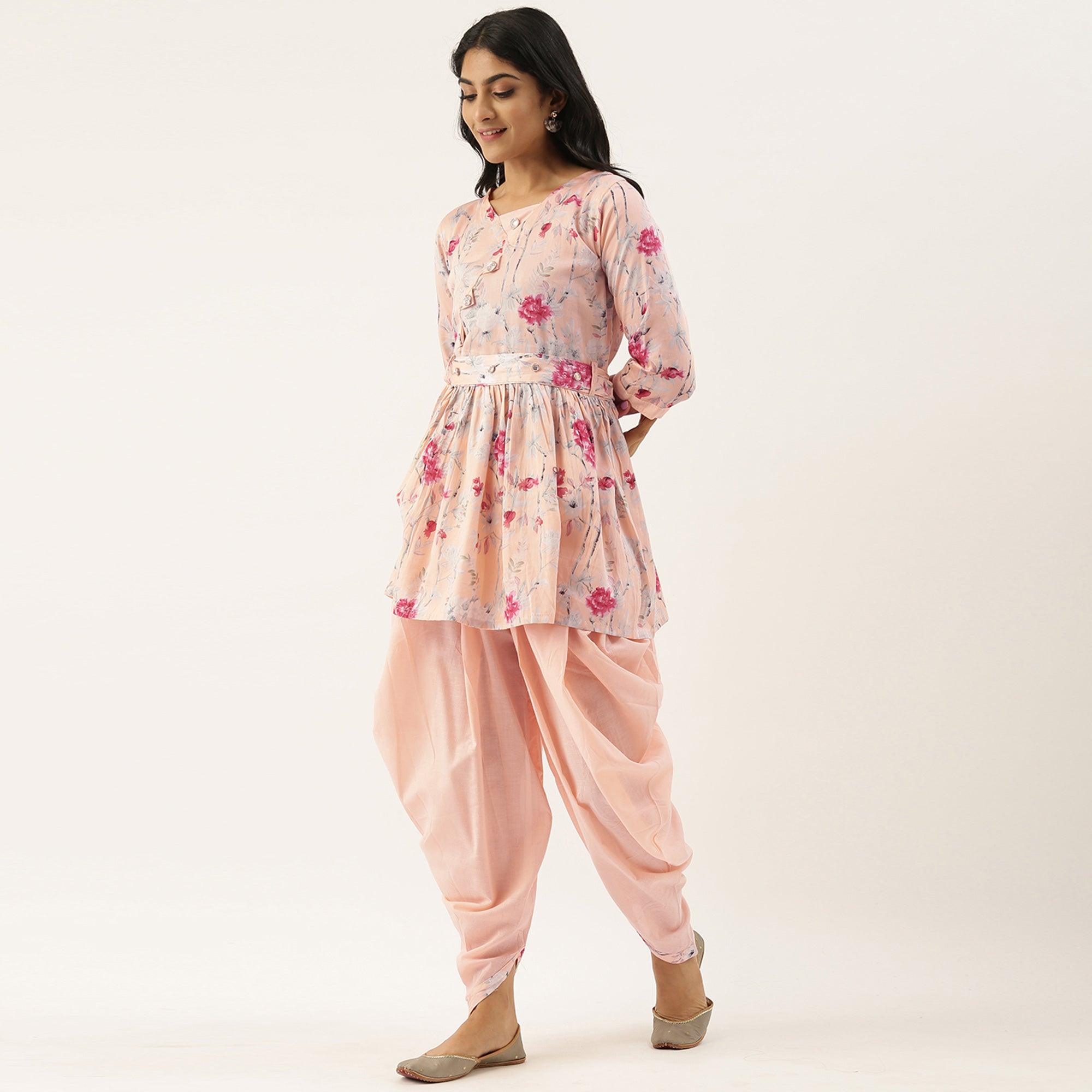 Light Pink Printed Pure Cotton Kurti With Dhoti Set - Peachmode