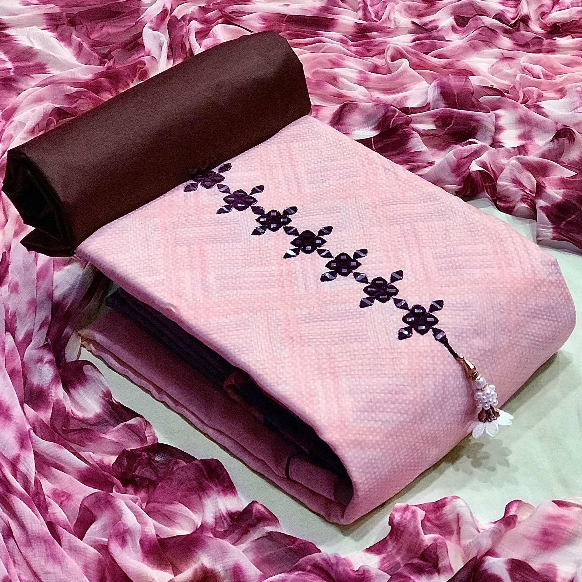 Light Pink Printed With Embroidered Cotton Blend Dress Material - Peachmode