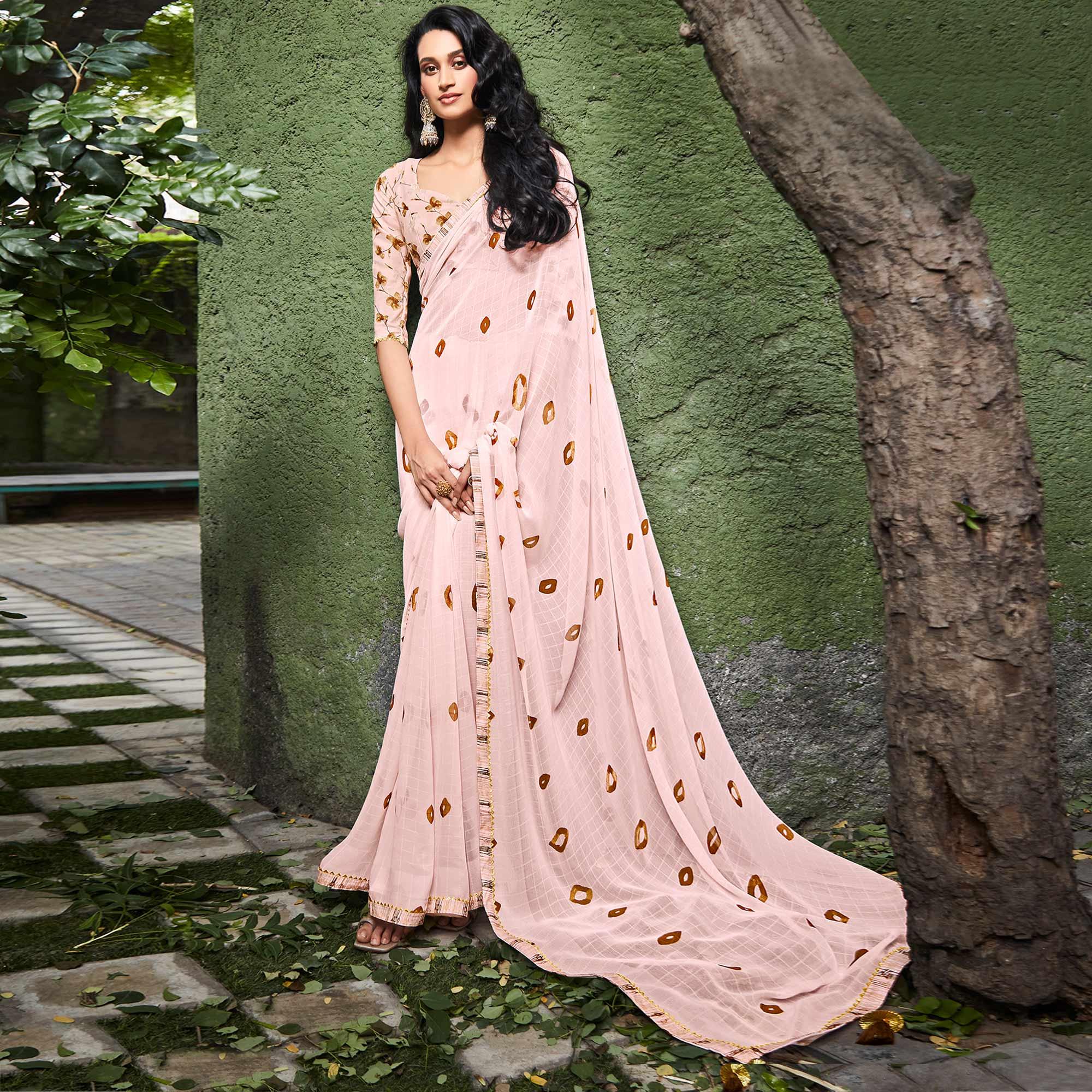 Light Pink Printed With Gota Patti Border Georgette Saree - Peachmode