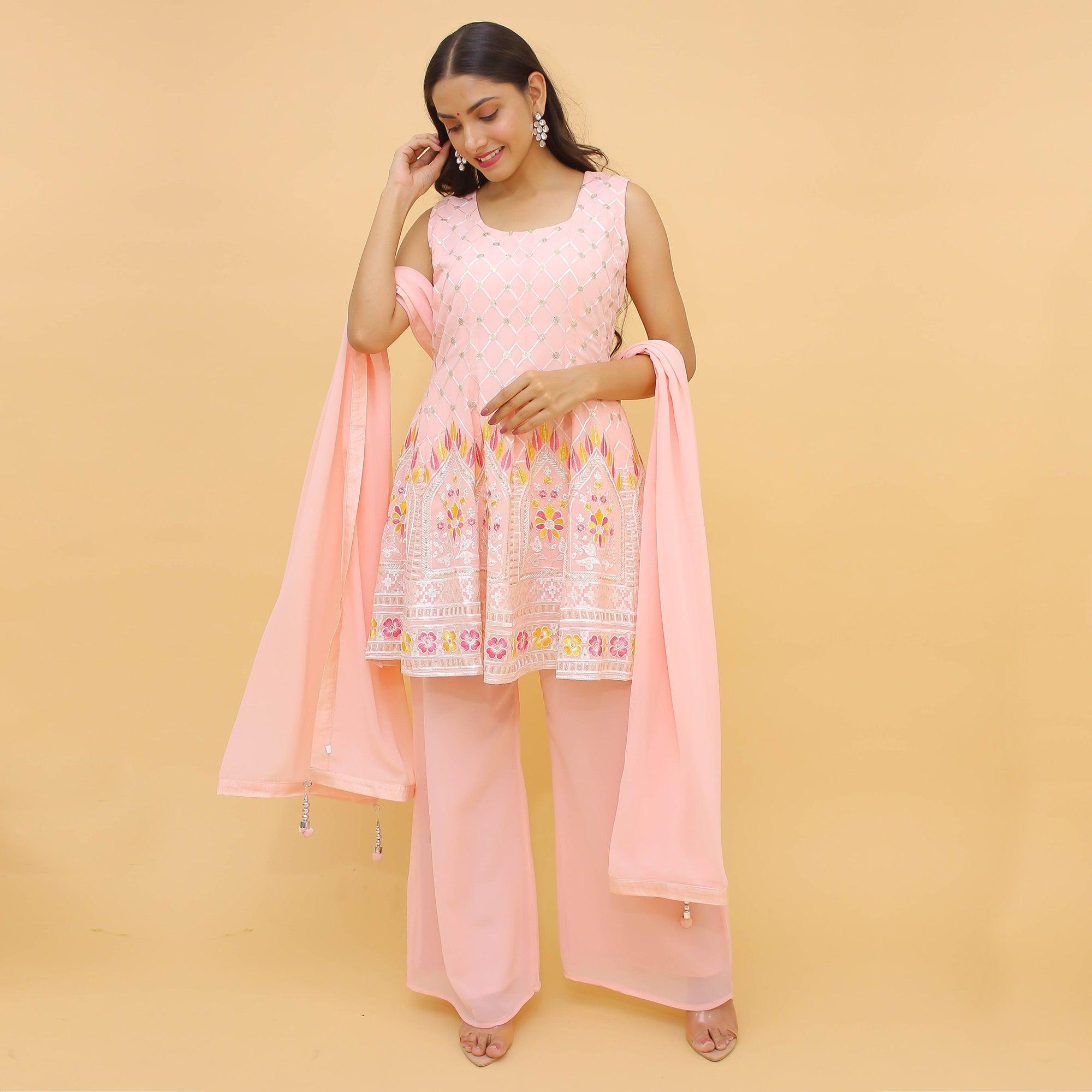 Light Pink Sequence Embroidered Georgette Sharara Suit - Peachmode