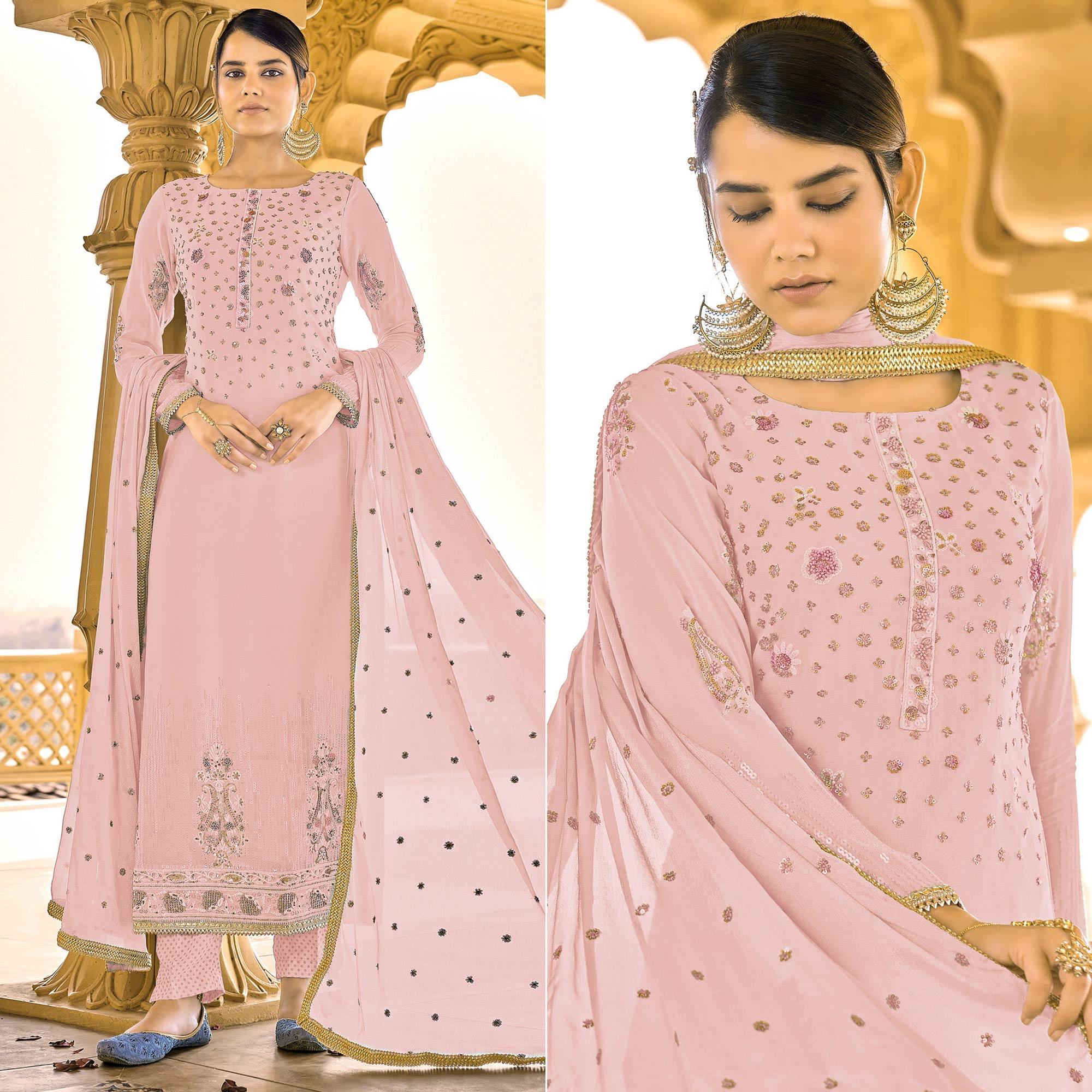Light Pink Sequence Embroidered Georgette Suit - Peachmode