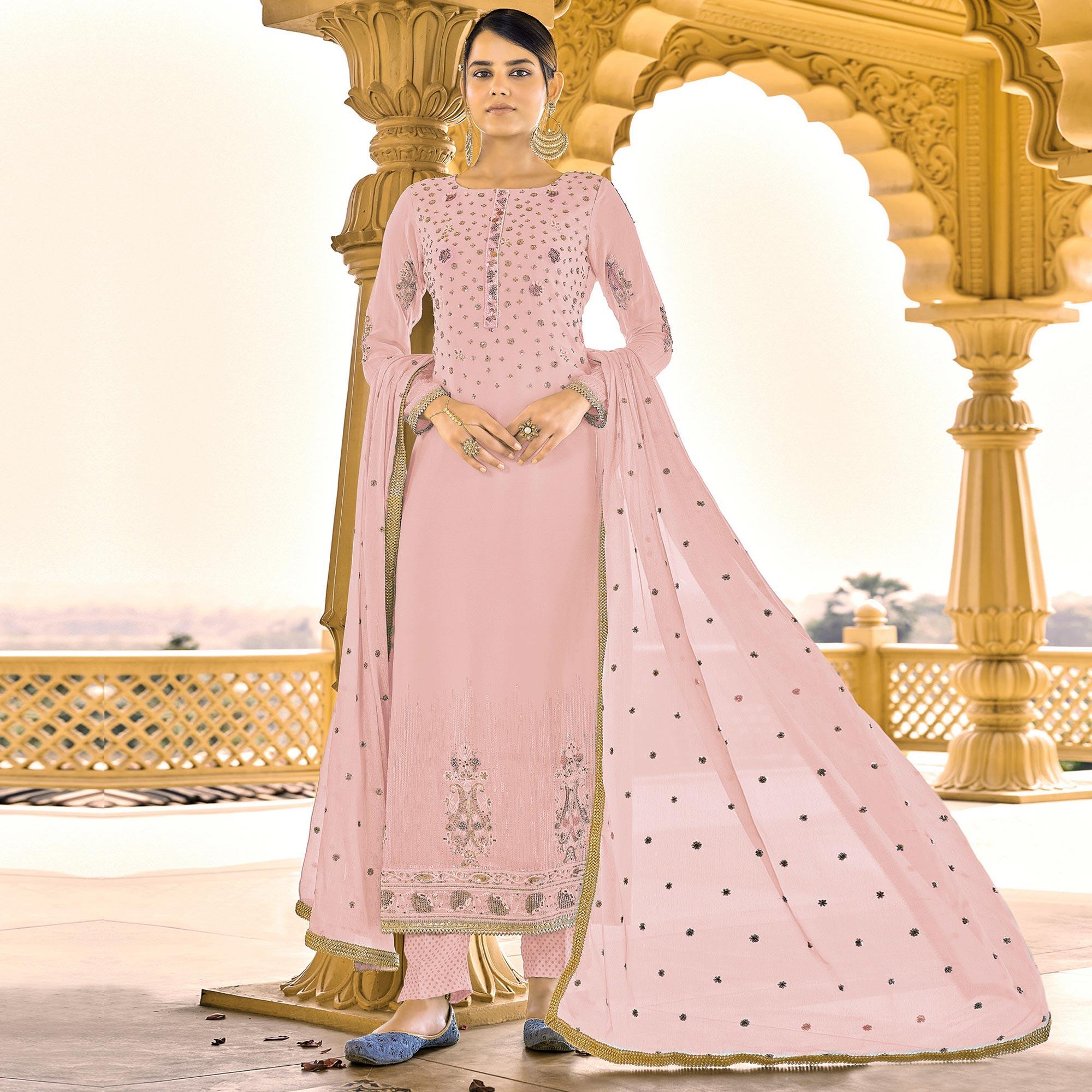 Light Pink Sequence Embroidered Georgette Suit - Peachmode