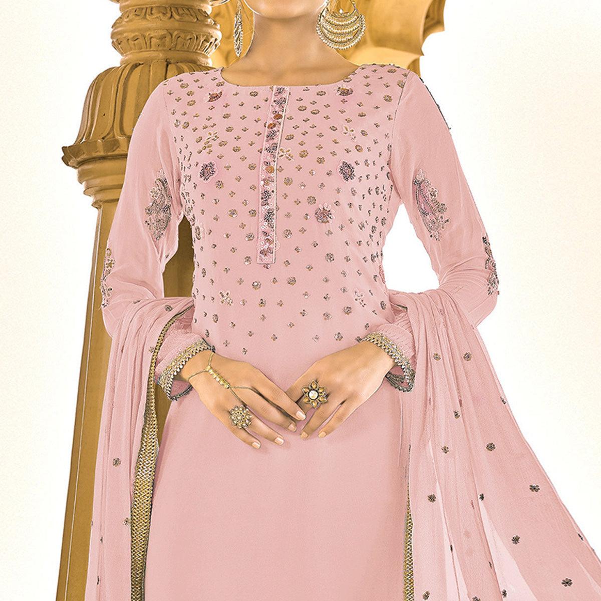 Light Pink Sequence Embroidered Georgette Suit - Peachmode