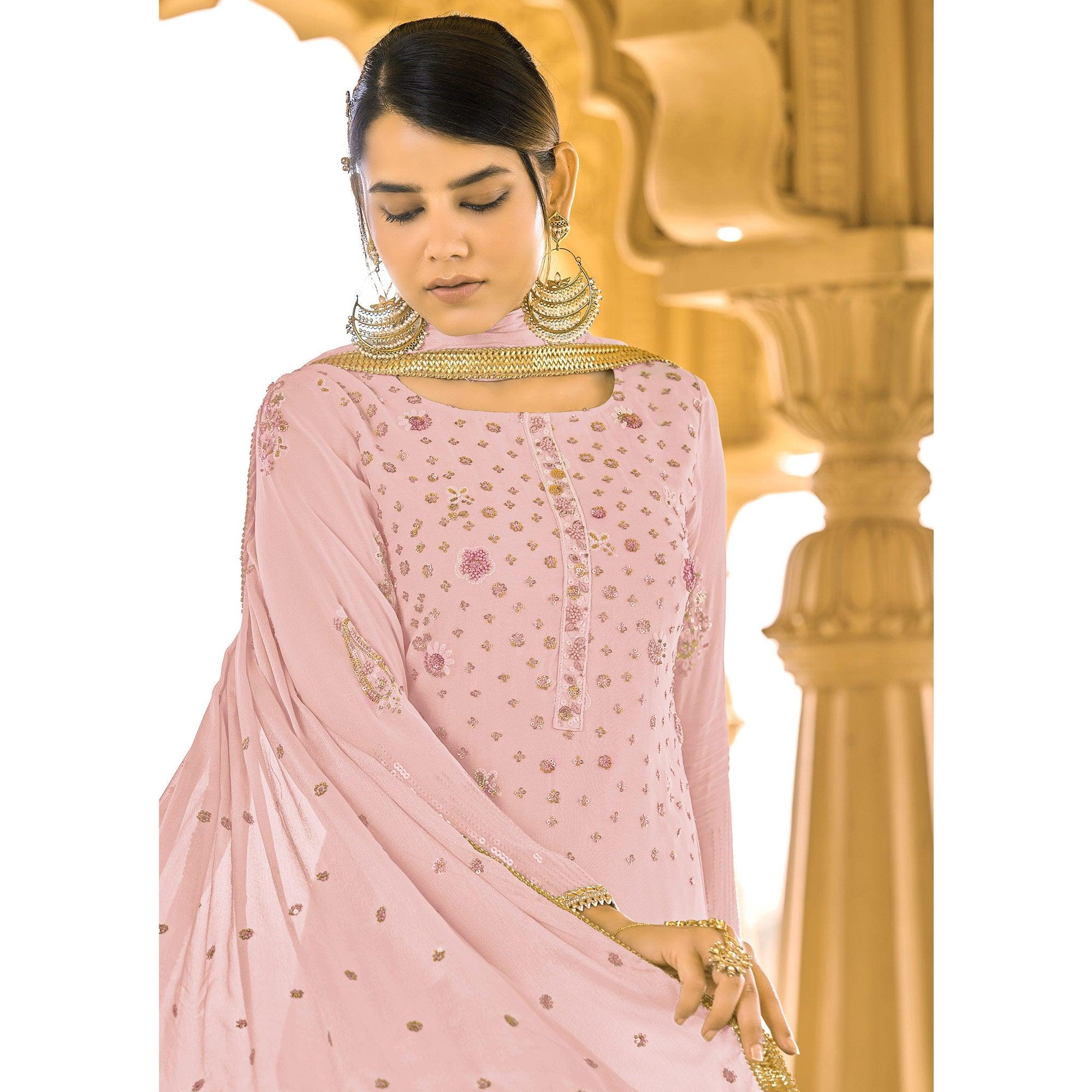 Light Pink Sequence Embroidered Georgette Suit - Peachmode