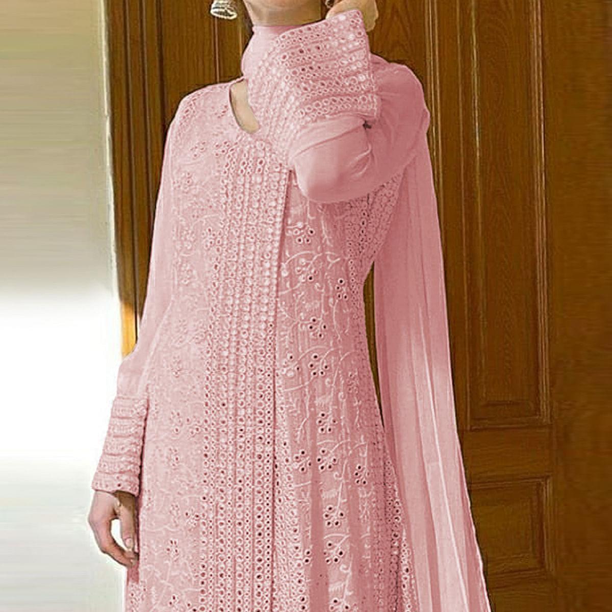 Light Pink Sequence Embroidered Georgette Suit - Peachmode