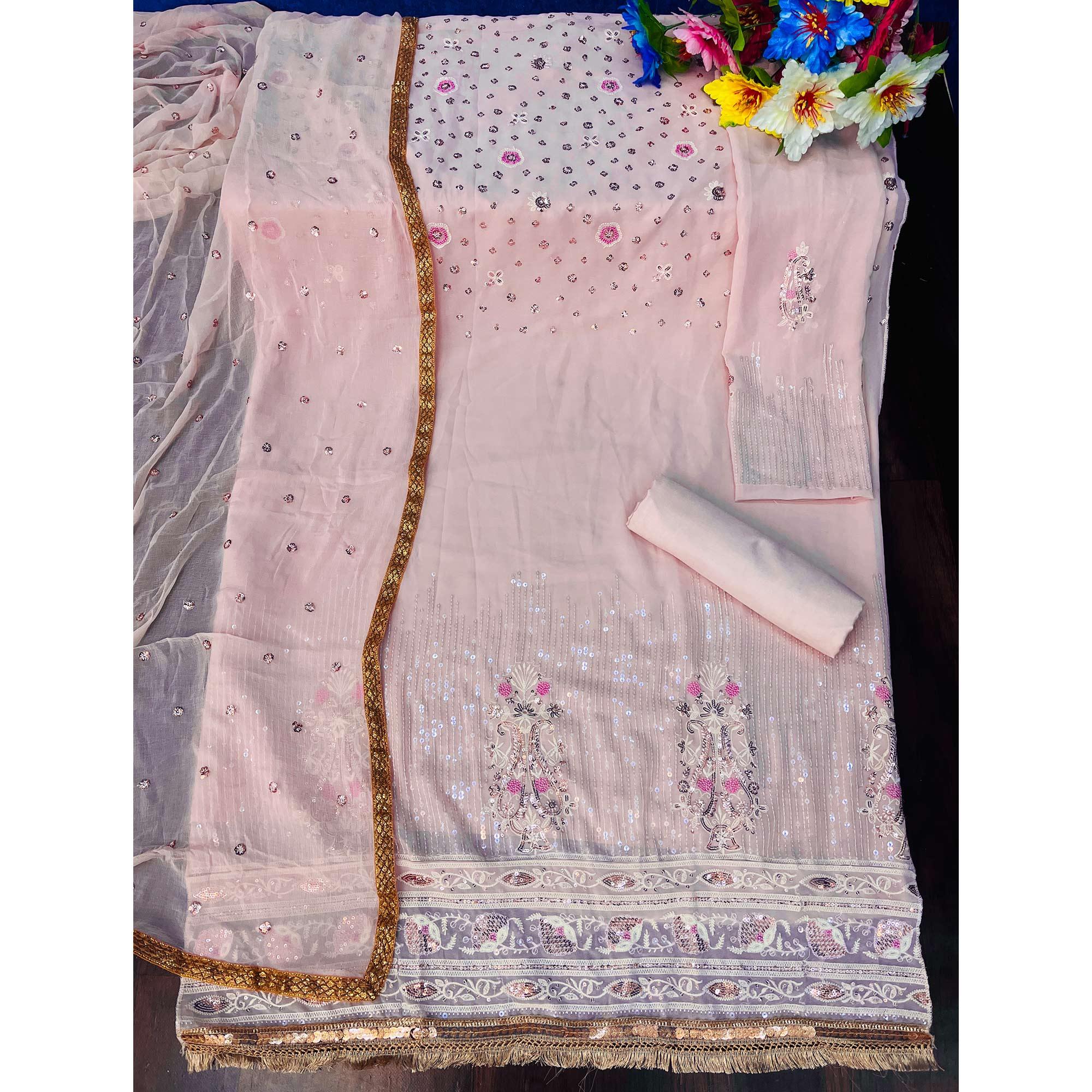 Light Pink Sequence Embroidered Georgette Suit - Peachmode