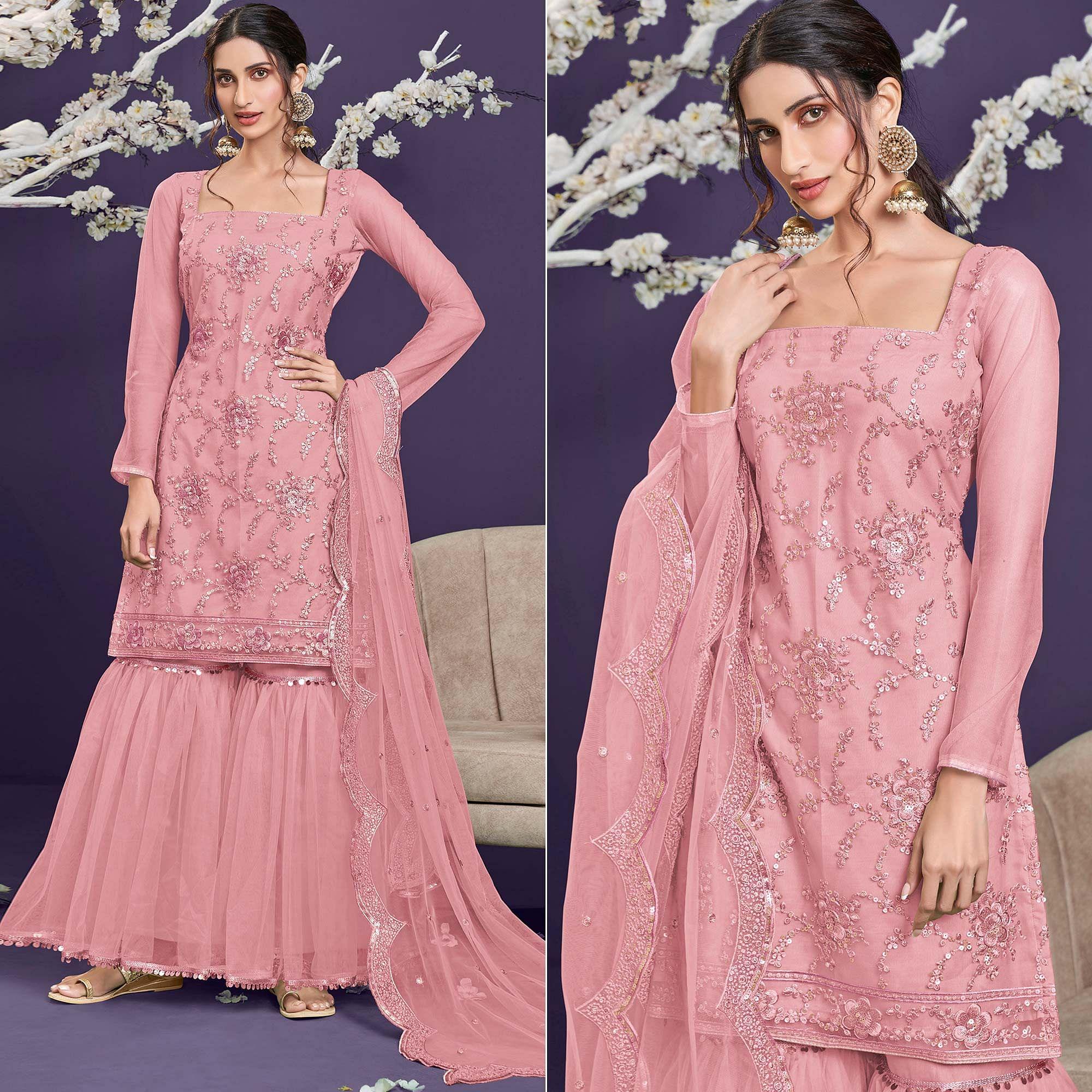 Light Pink Sequence Embroidered Netted Sharara Suit - Peachmode