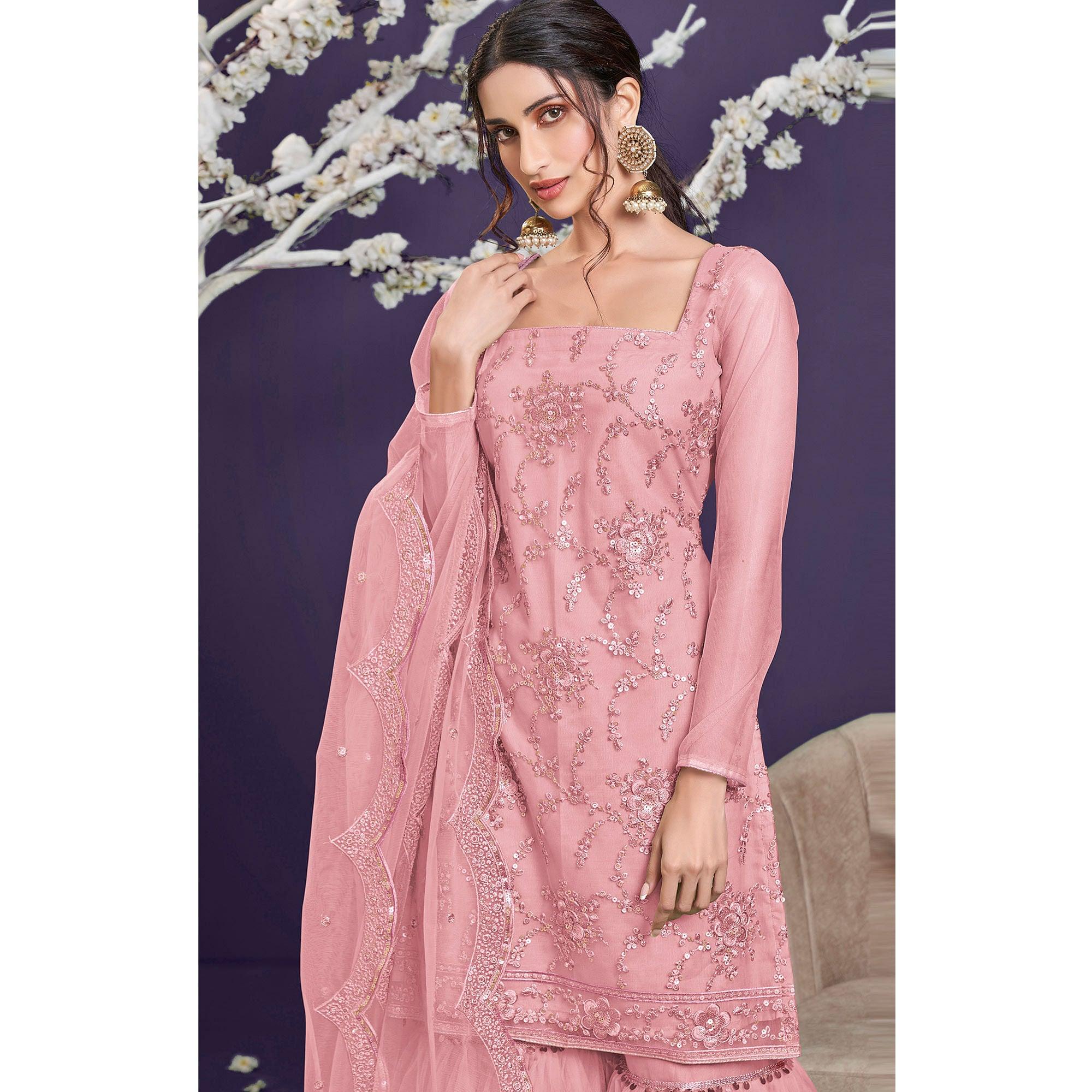 Light Pink Sequence Embroidered Netted Sharara Suit - Peachmode