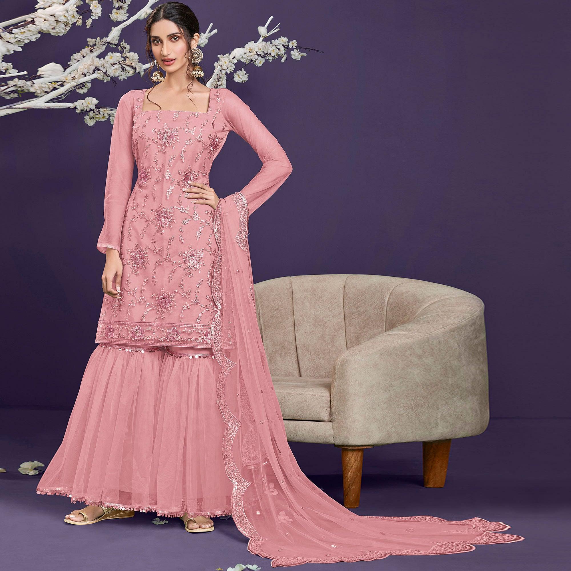 Light Pink Sequence Embroidered Netted Sharara Suit - Peachmode