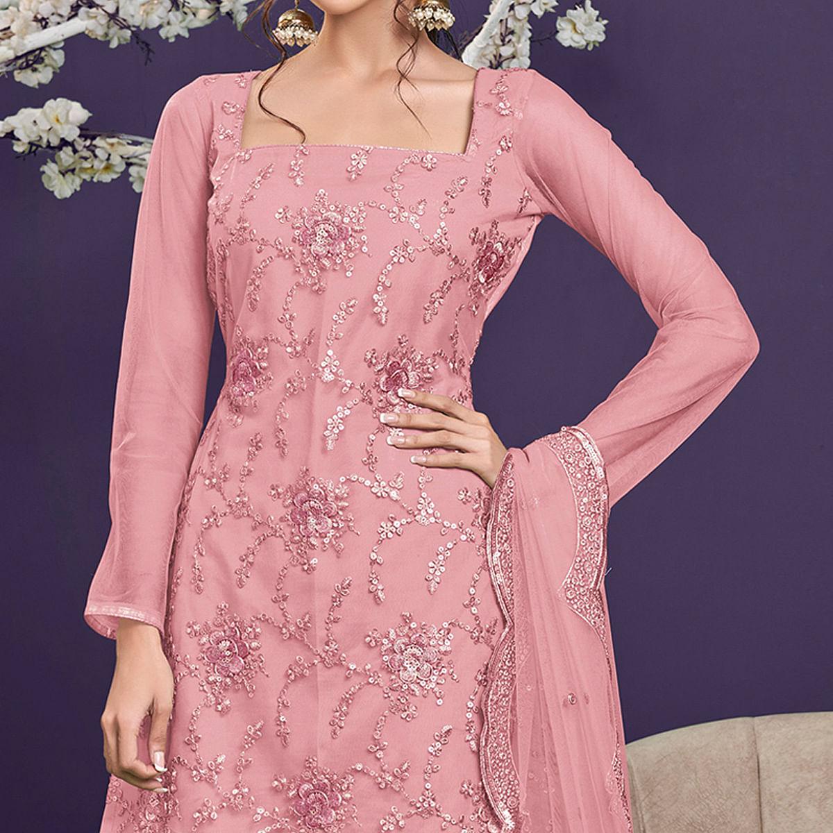 Light Pink Sequence Embroidered Netted Sharara Suit - Peachmode