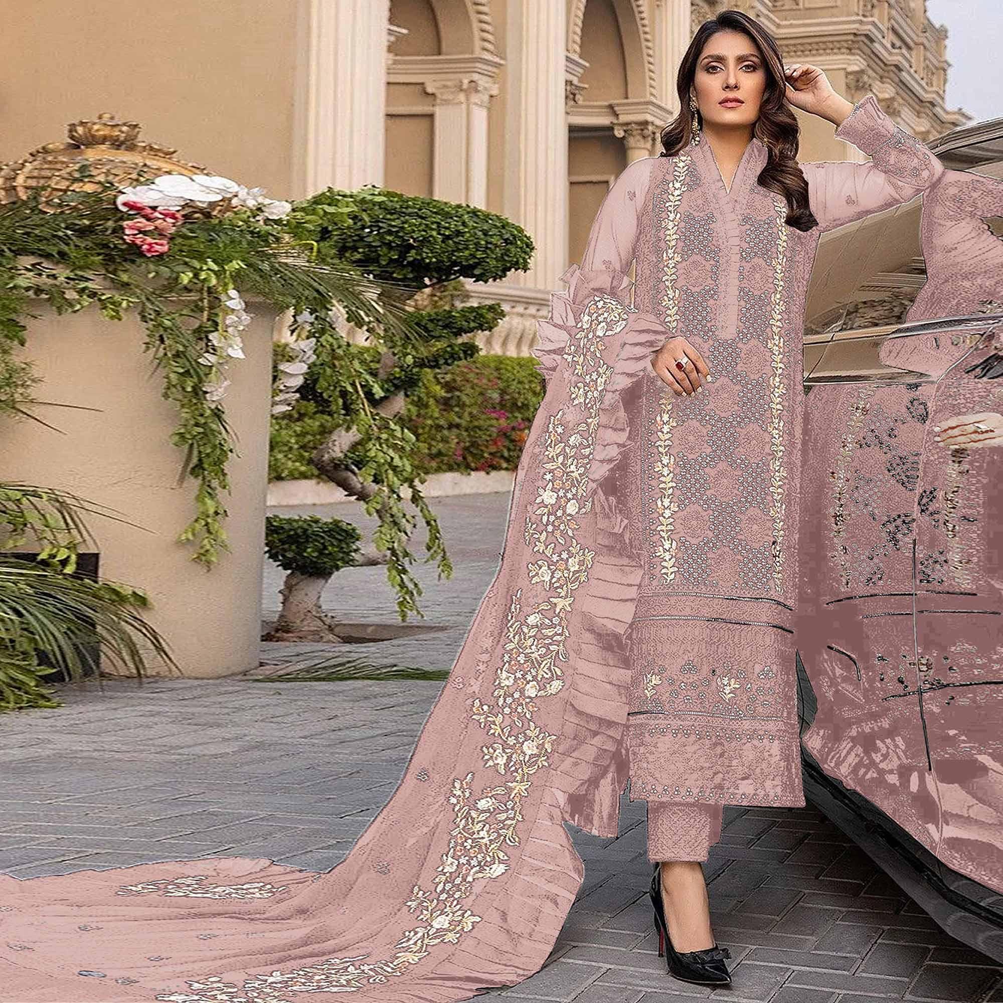 Light Pink Sequence With Floral Embroidered Georgette Pakistani Suit - Peachmode