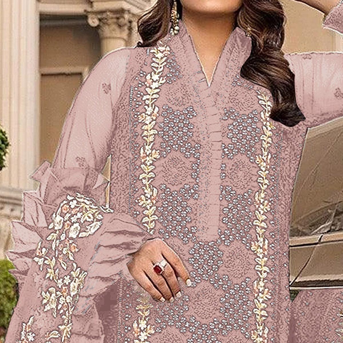 Light Pink Sequence With Floral Embroidered Georgette Pakistani Suit - Peachmode