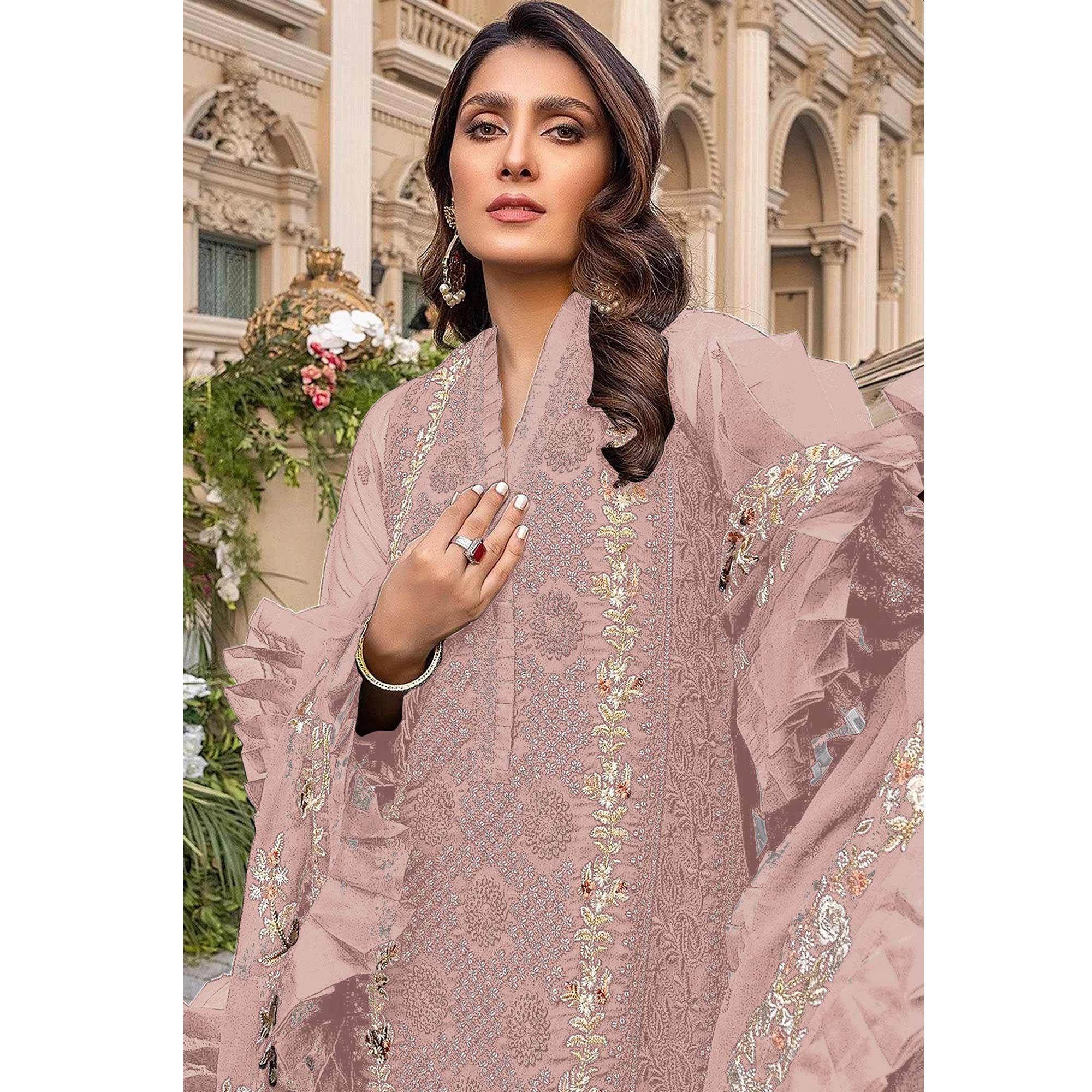 Light Pink Sequence With Floral Embroidered Georgette Pakistani Suit - Peachmode