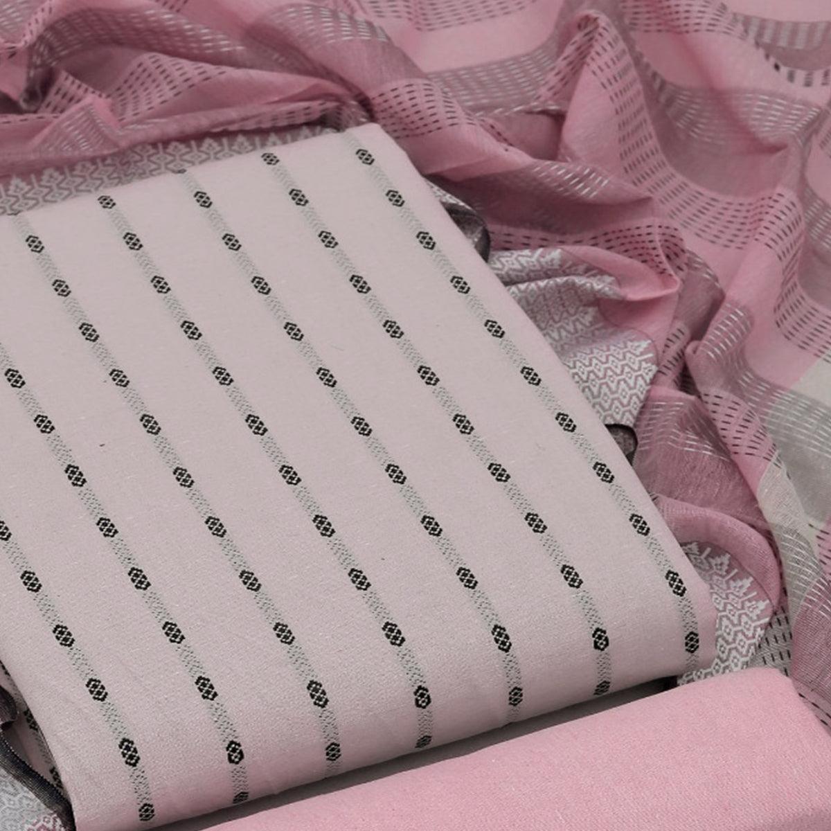 Light Pink Stripes Printed Poly Cotton Dress Material - Peachmode