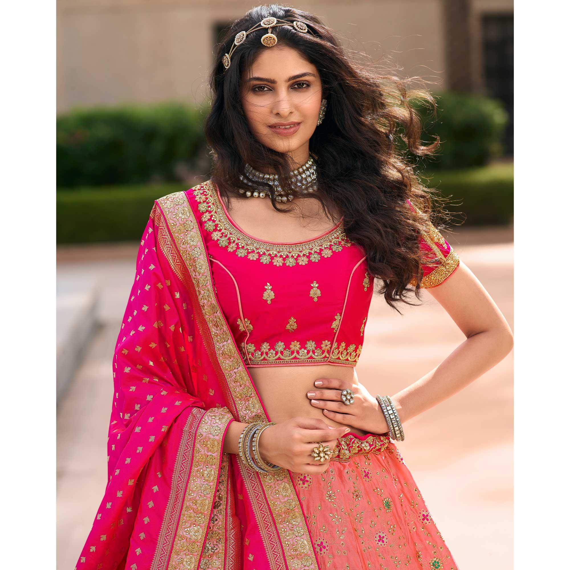 Light Pink Wedding Wear Floral Embroidered With Woven Banarasi Silk Lehenga Choli - Peachmode