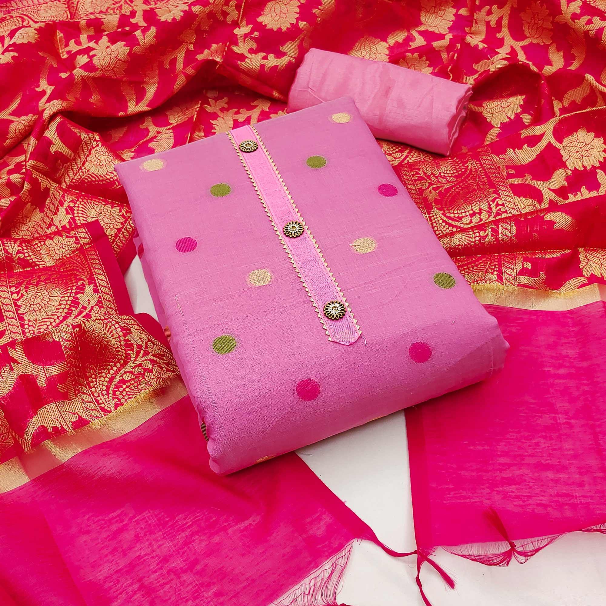 Light Pink Woven Banarasi Silk Dress Material - Peachmode