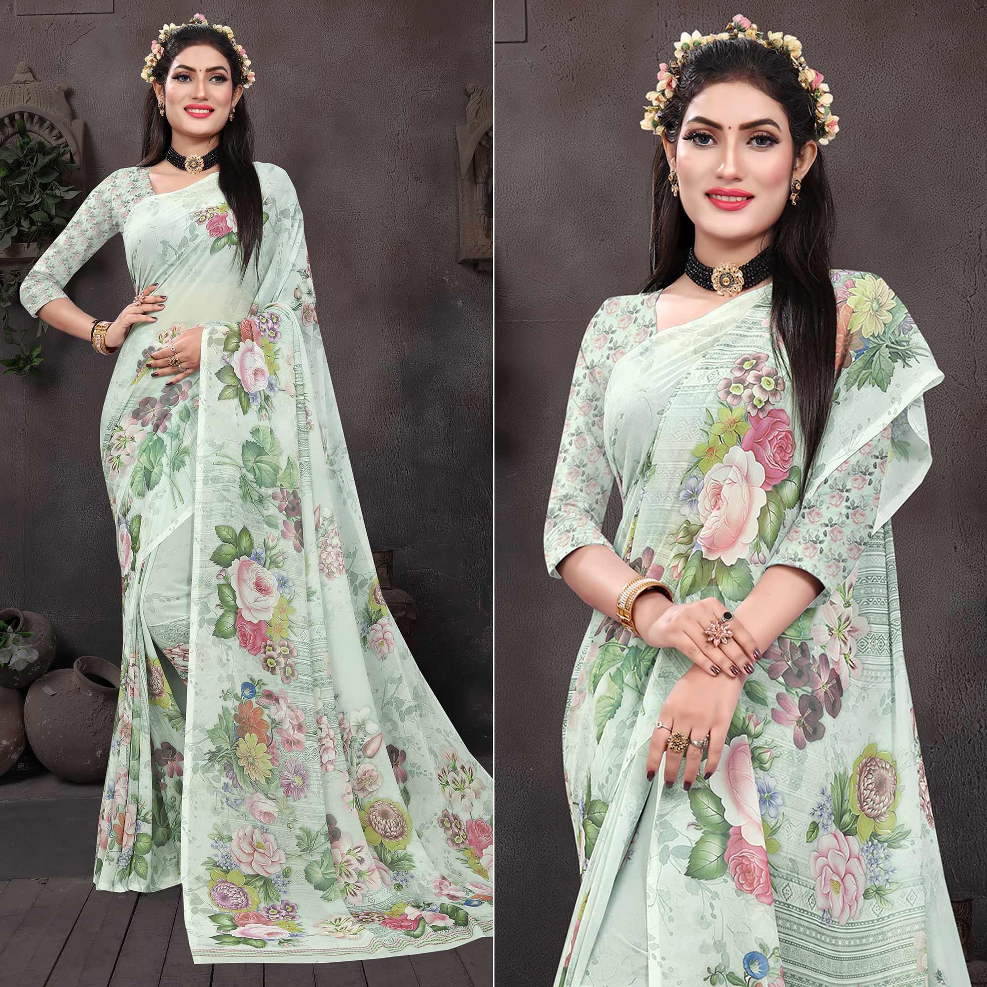 Light Pista Casual Wear Floral Printed Georgette Saree - Peachmode