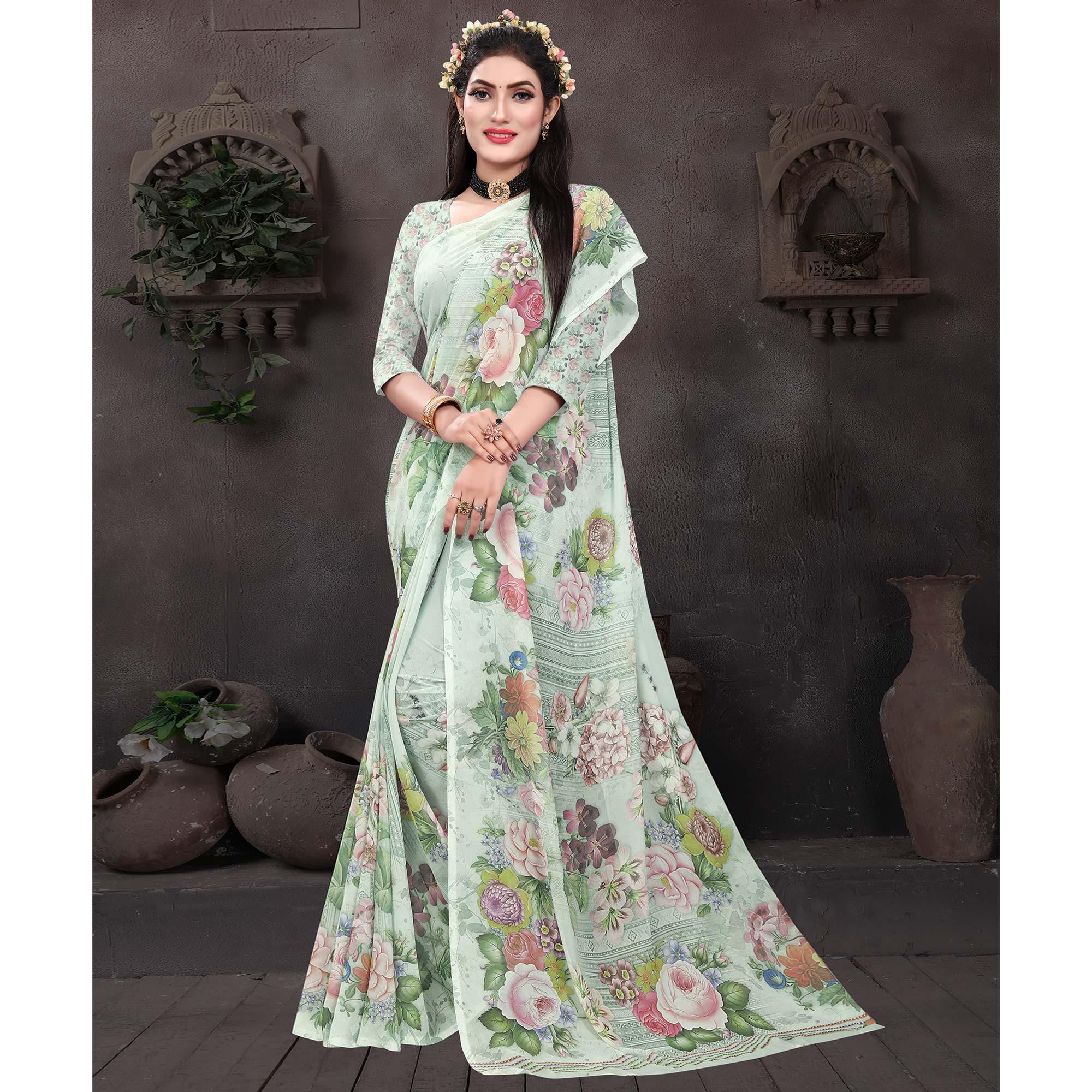 Light Pista Casual Wear Floral Printed Georgette Saree - Peachmode