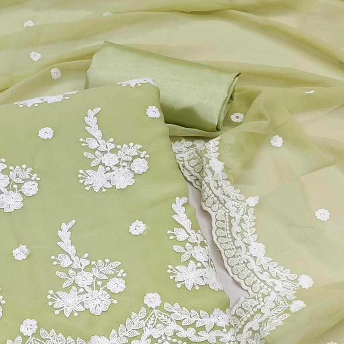 Light Pista Embroidered Georgette Dress Material - Peachmode