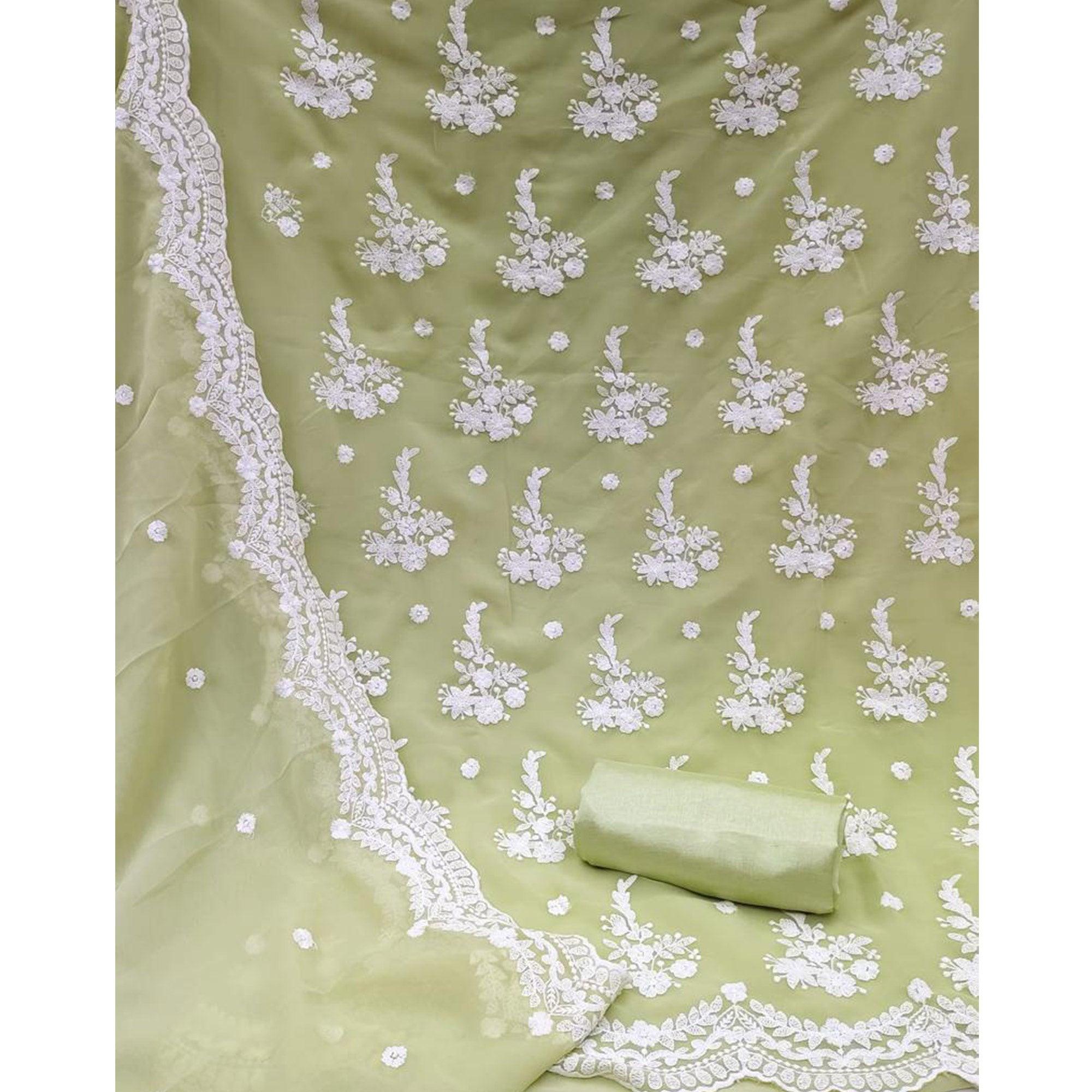 Light Pista Embroidered Georgette Dress Material - Peachmode