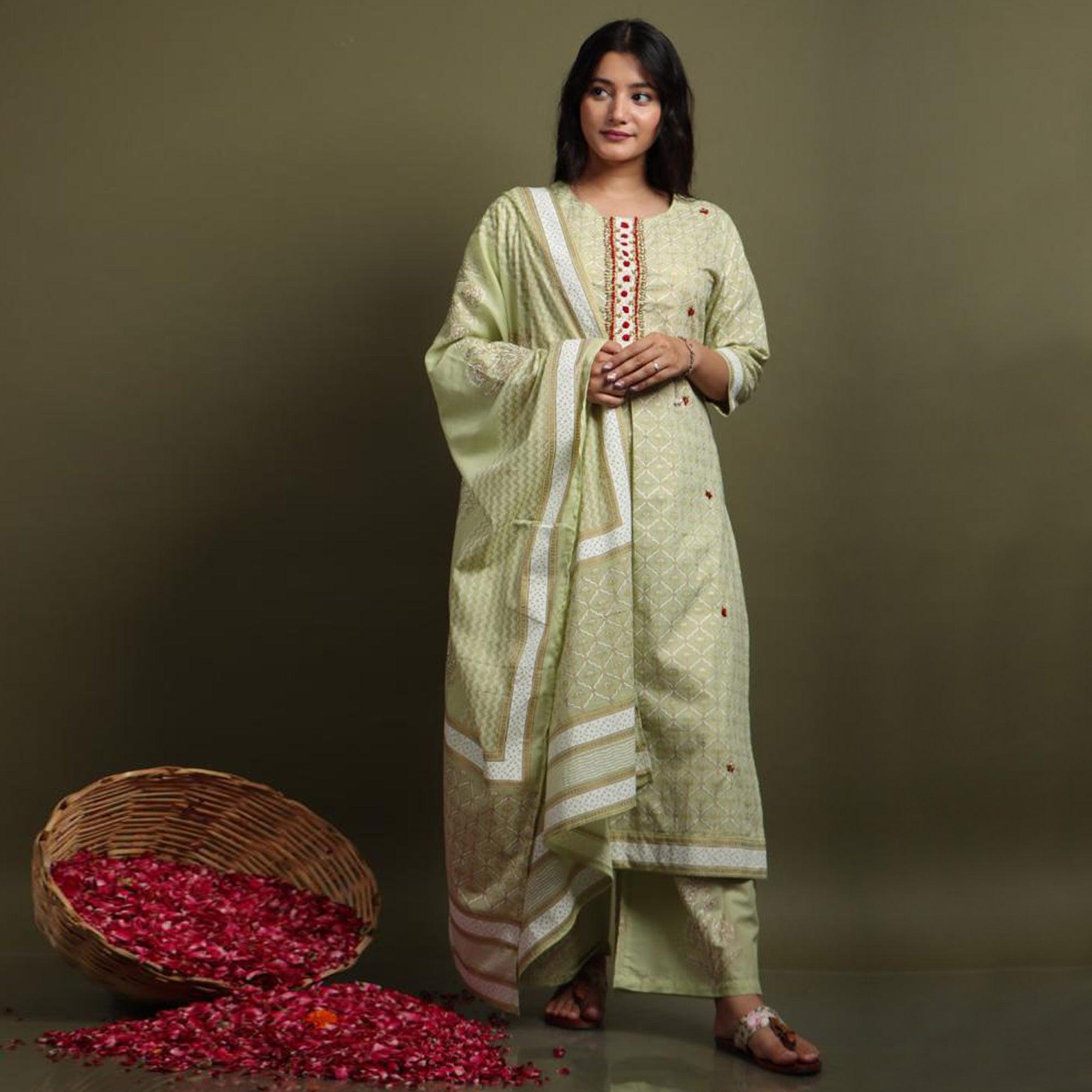 Light Pista Green Casual Wear Printed Cotton Kurti - Palazzo Set With Dupatta - Peachmode