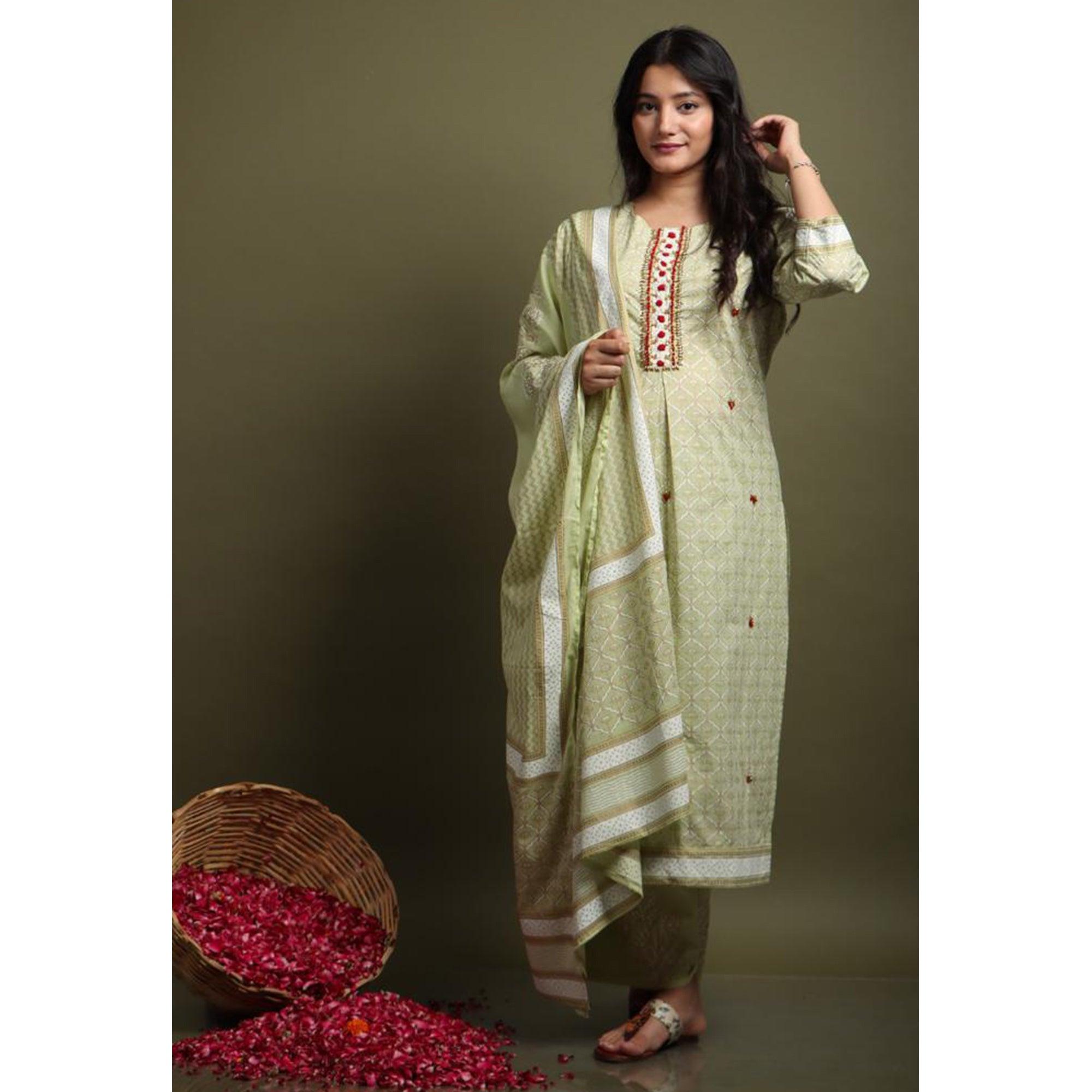 Light Pista Green Casual Wear Printed Cotton Kurti - Palazzo Set With Dupatta - Peachmode