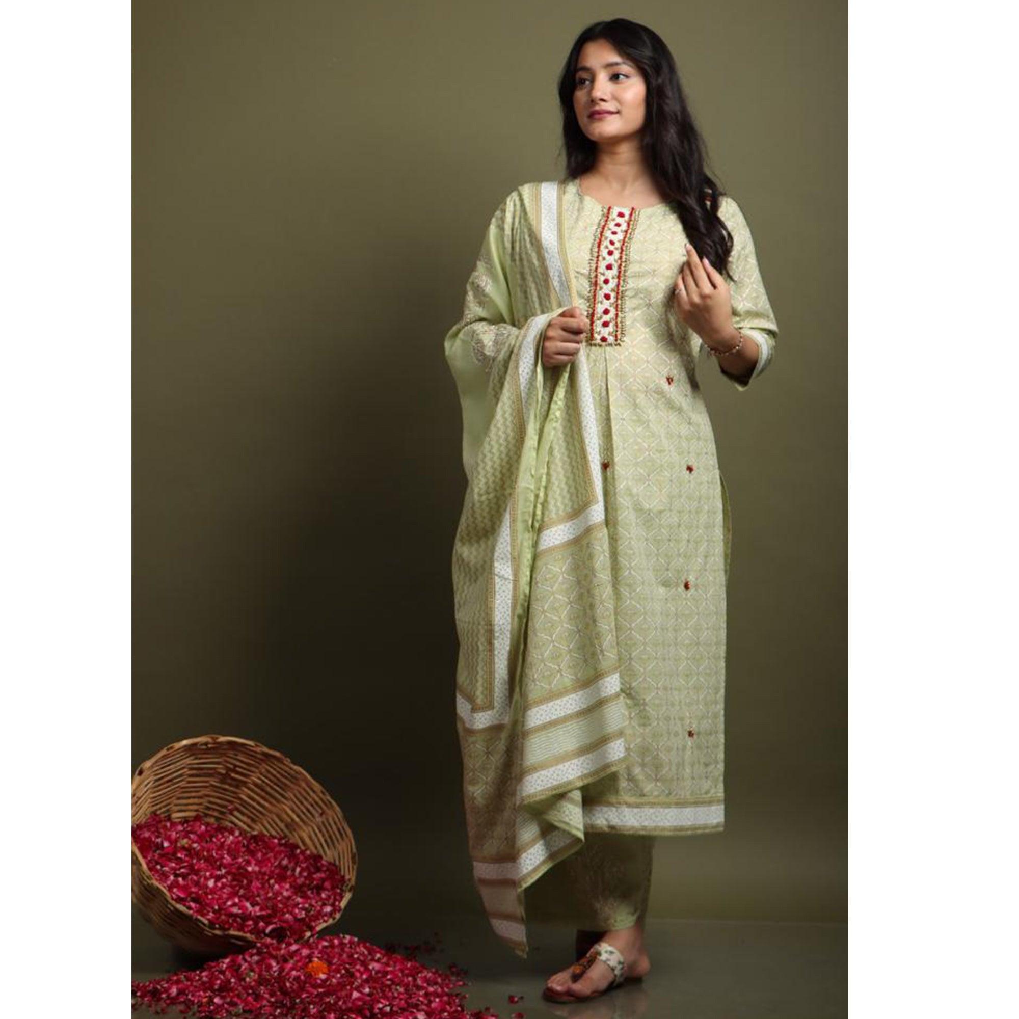 Light Pista Green Casual Wear Printed Cotton Kurti - Palazzo Set With Dupatta - Peachmode