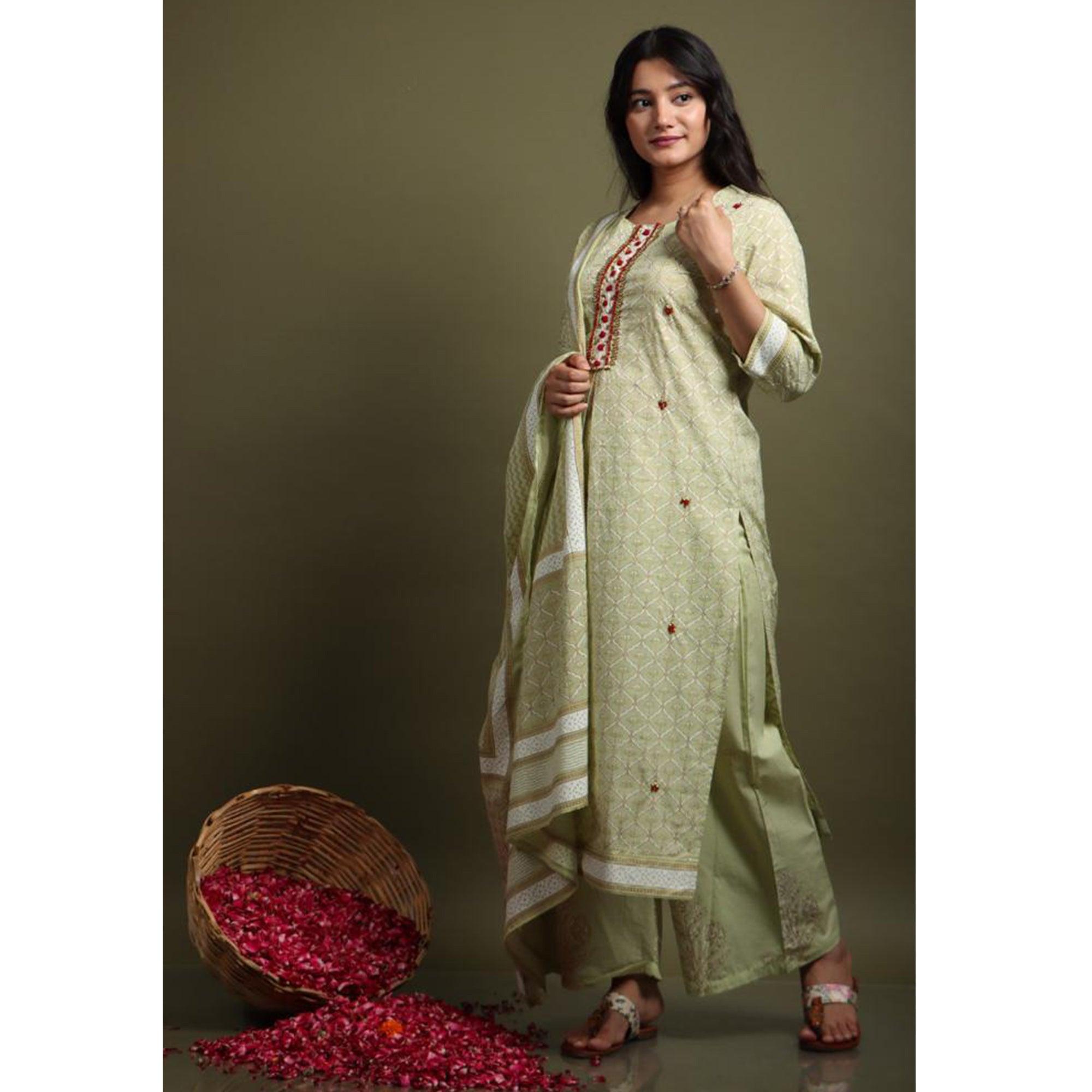 Light Pista Green Casual Wear Printed Cotton Kurti - Palazzo Set With Dupatta - Peachmode