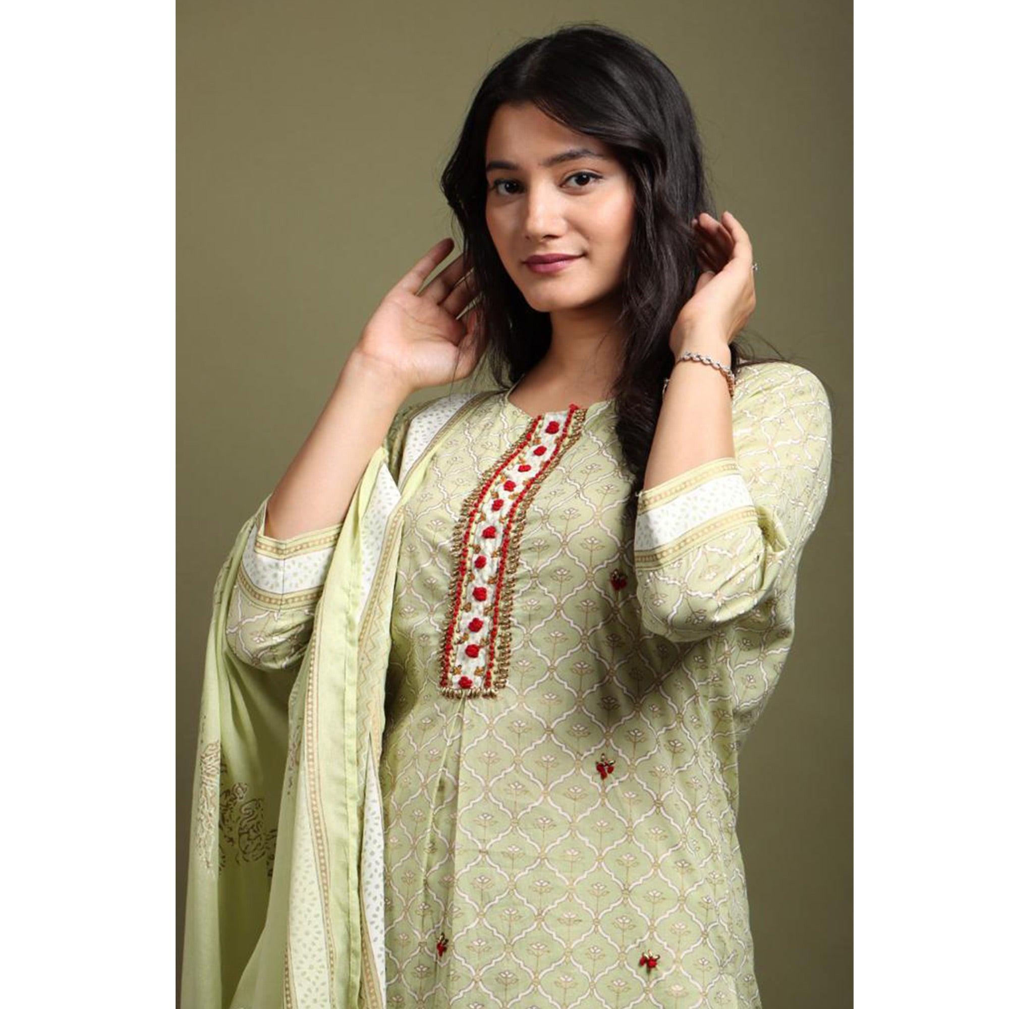 Light Pista Green Casual Wear Printed Cotton Kurti - Palazzo Set With Dupatta - Peachmode