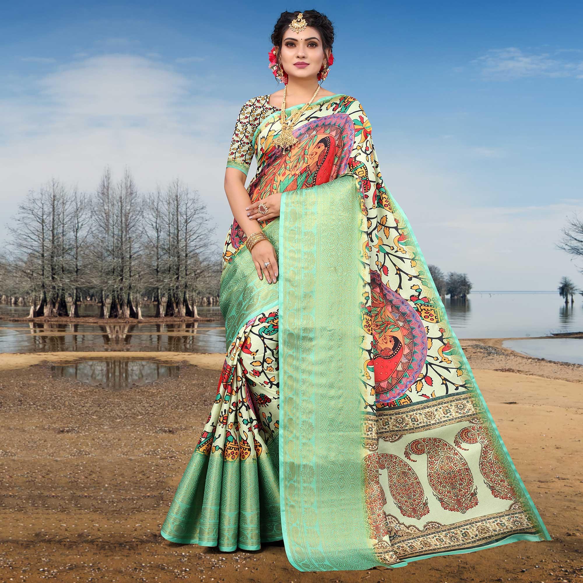 Light Pista Green Digital Printed Khaadi Saree - Peachmode