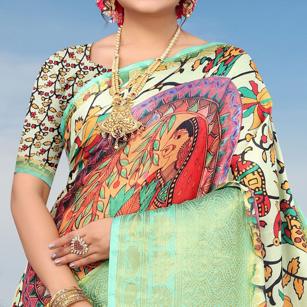 Light Pista Green Digital Printed Khaadi Saree - Peachmode