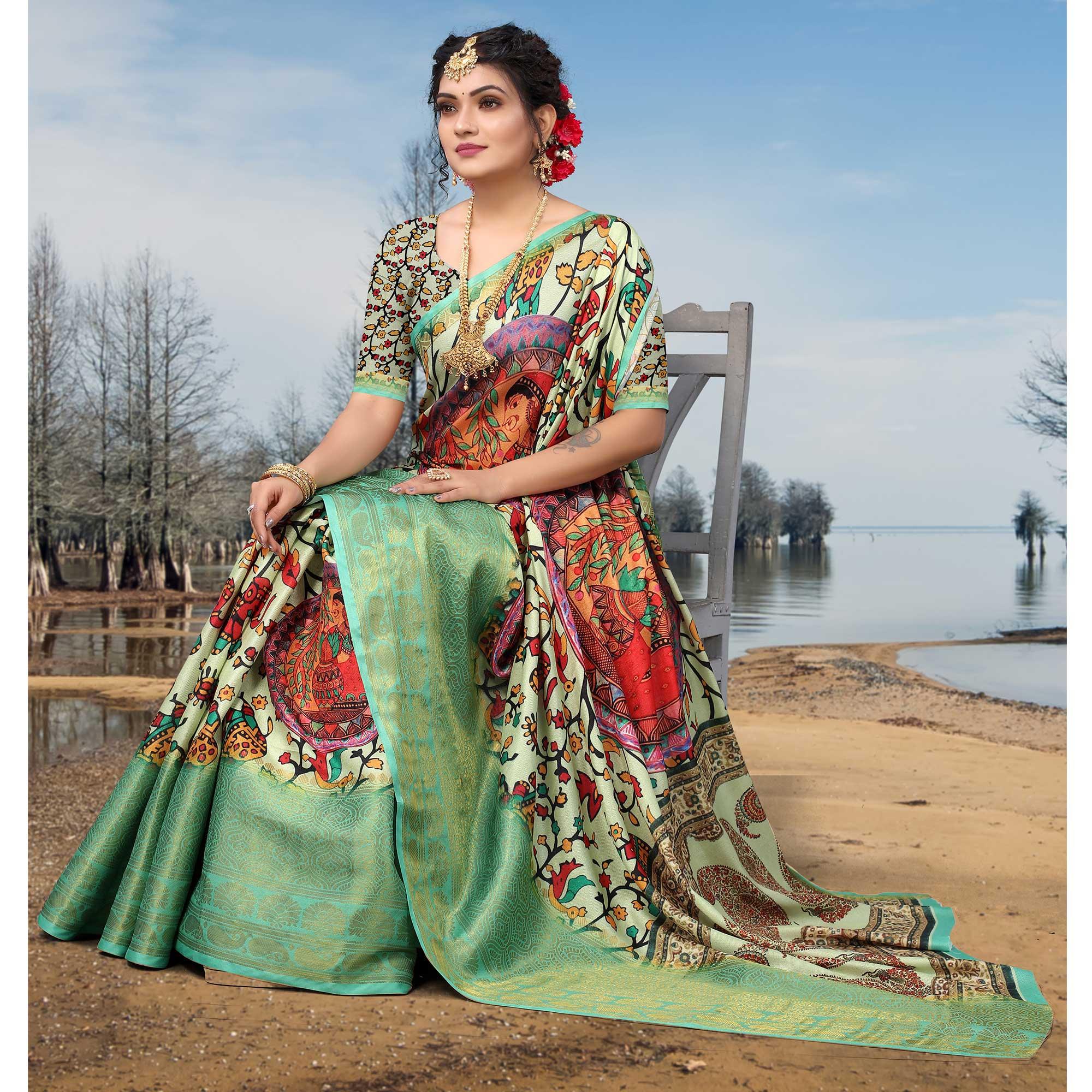 Light Pista Green Digital Printed Khaadi Saree