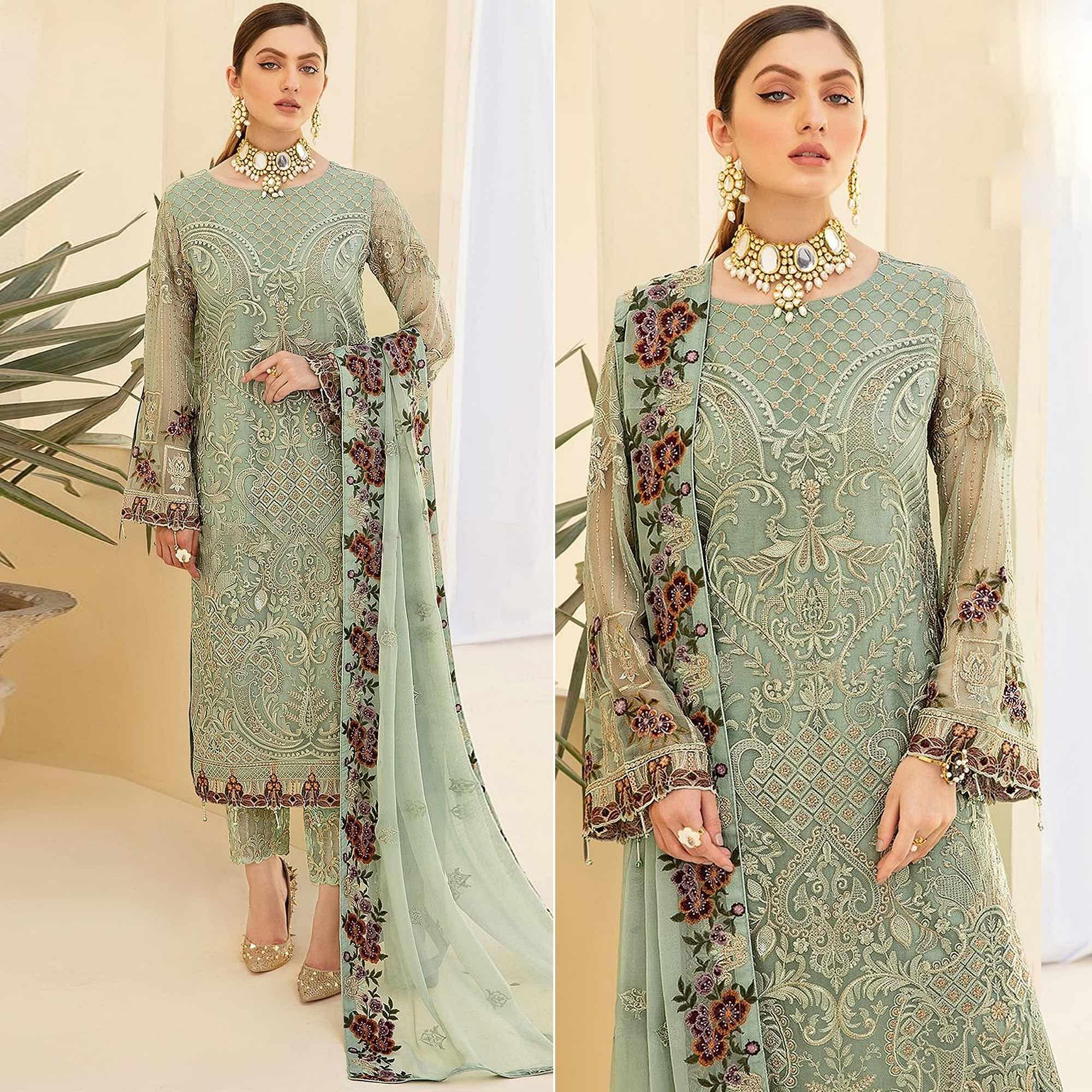 Light Pista Green Embroidered Georgette Pakistani Suit - Peachmode