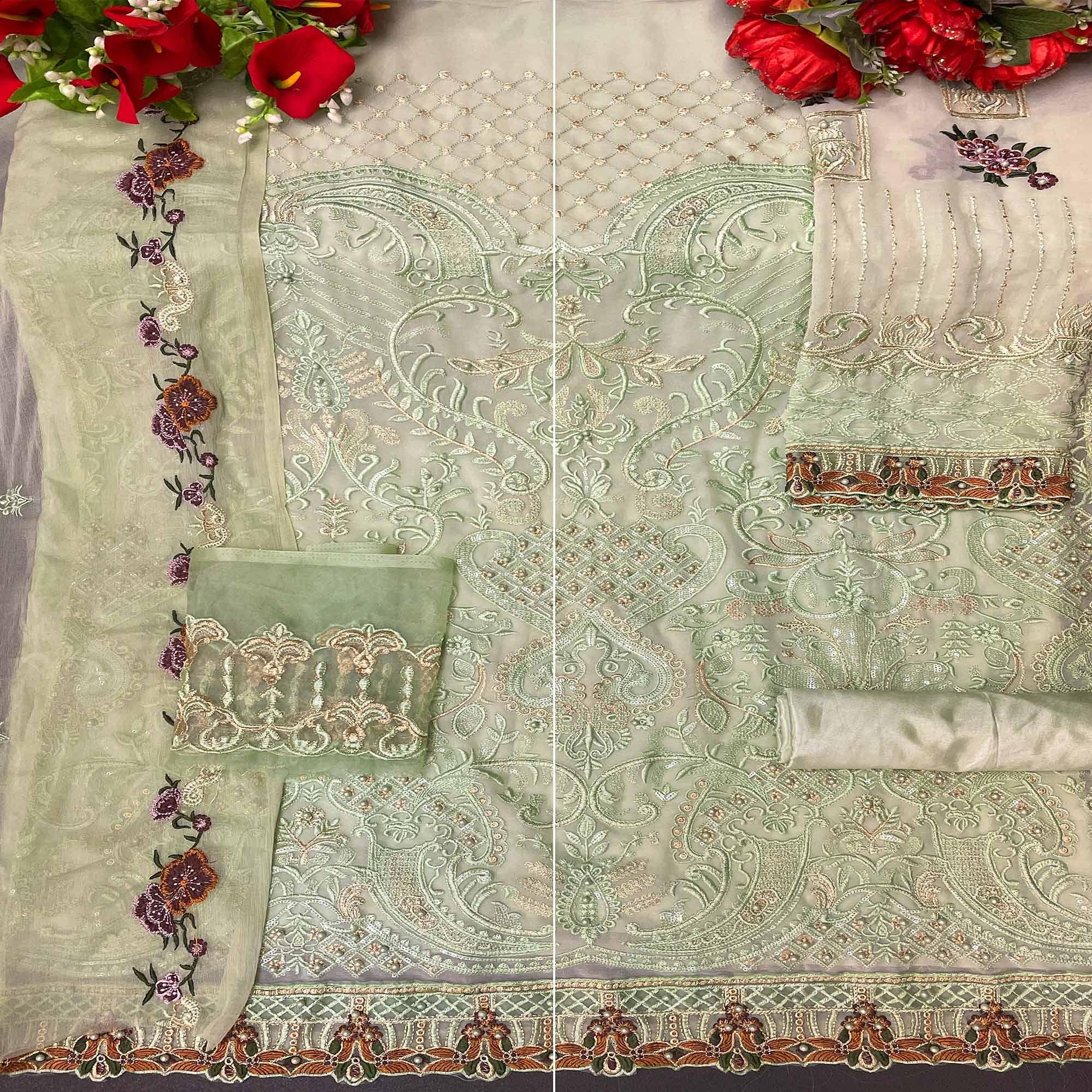 Light Pista Green Embroidered Georgette Pakistani Suit - Peachmode