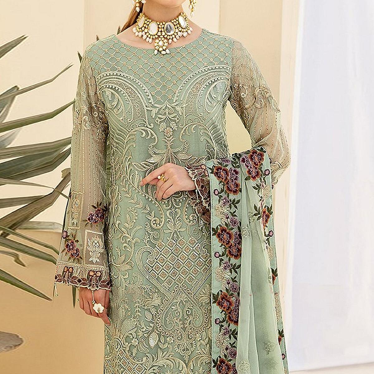 Light Pista Green Embroidered Georgette Pakistani Suit - Peachmode