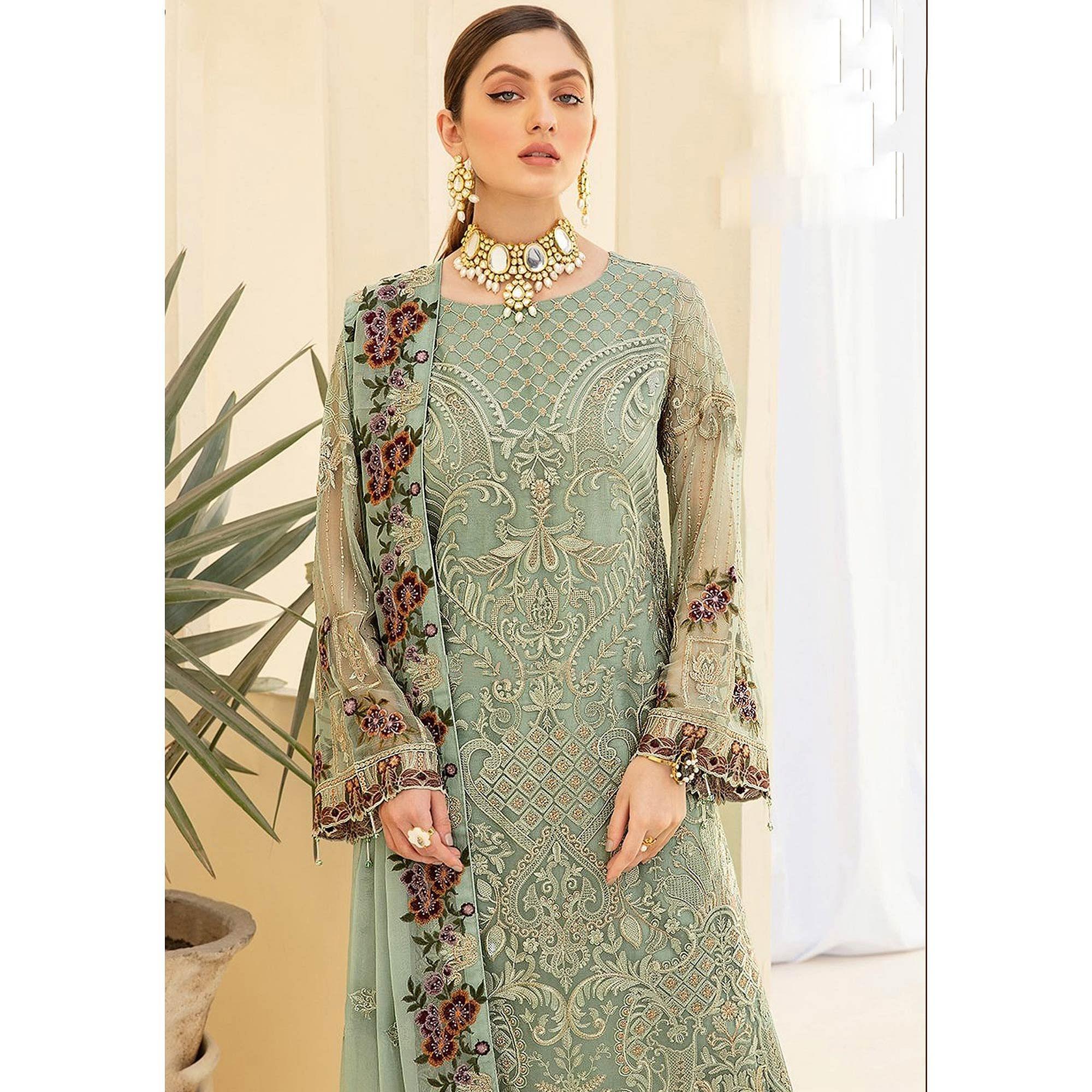 Light Pista Green Embroidered Georgette Pakistani Suit - Peachmode