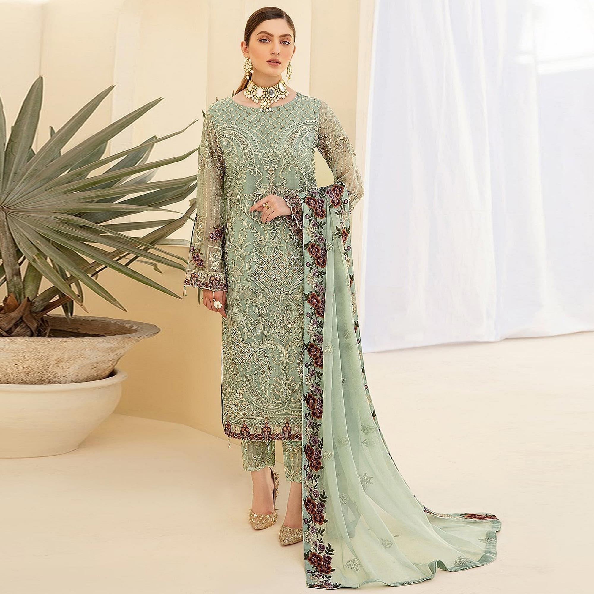 Light Pista Green Embroidered Georgette Pakistani Suit - Peachmode