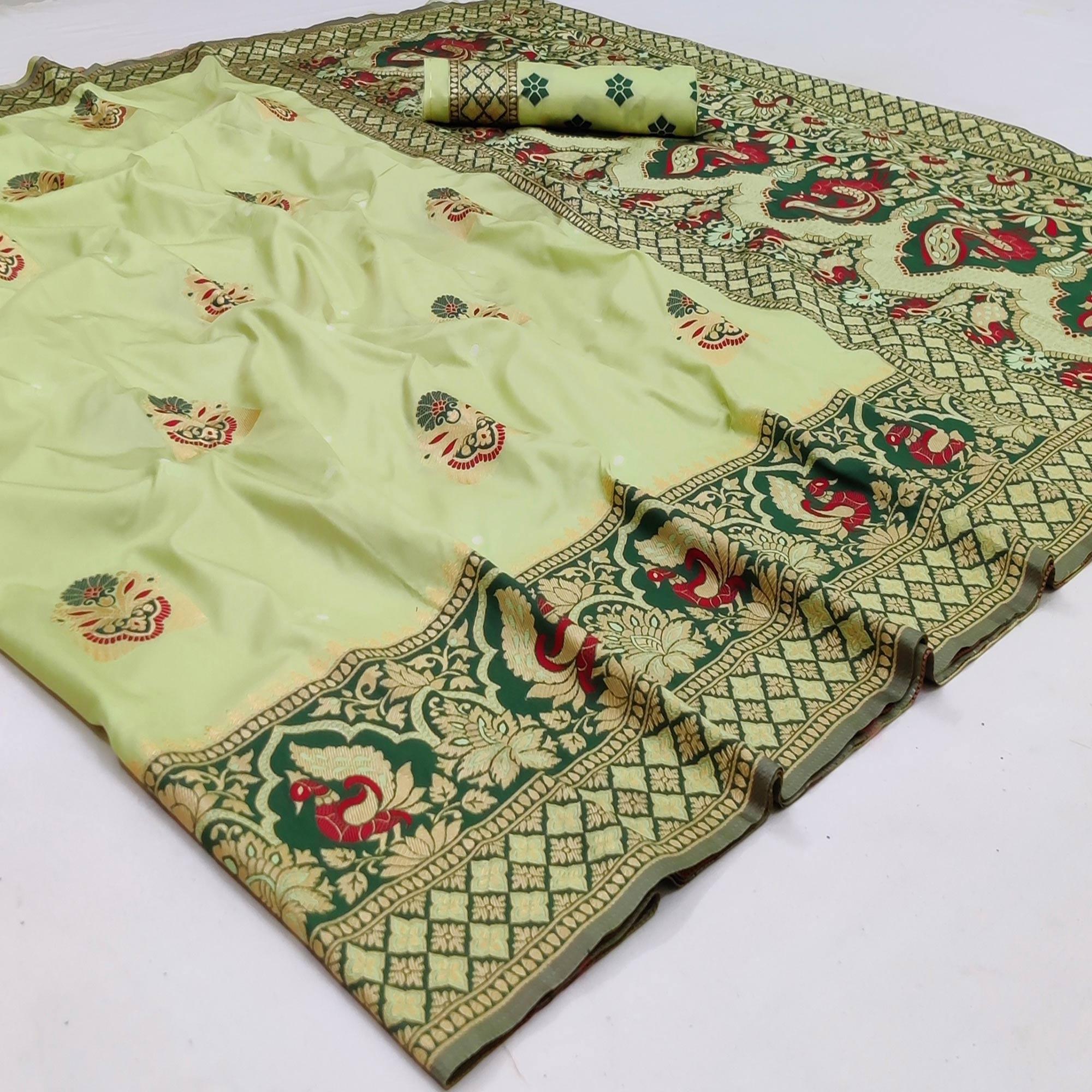 Light Pista Green Festive Wear Floral Woven Designer Soft Silk Banarasi Saree - Peachmode