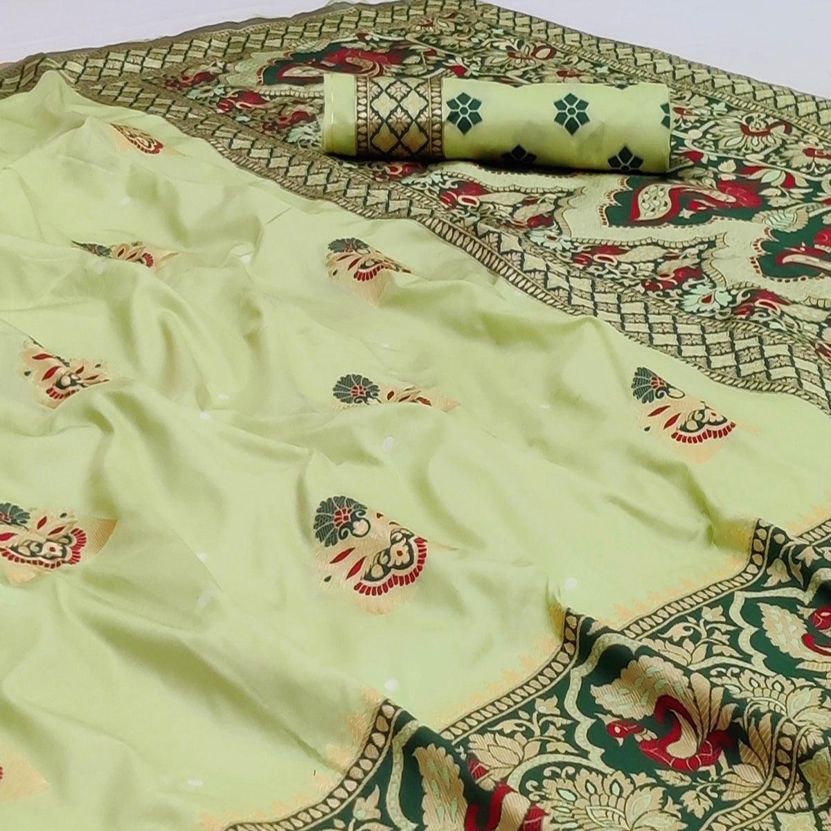 Light Pista Green Festive Wear Floral Woven Designer Soft Silk Banarasi Saree - Peachmode