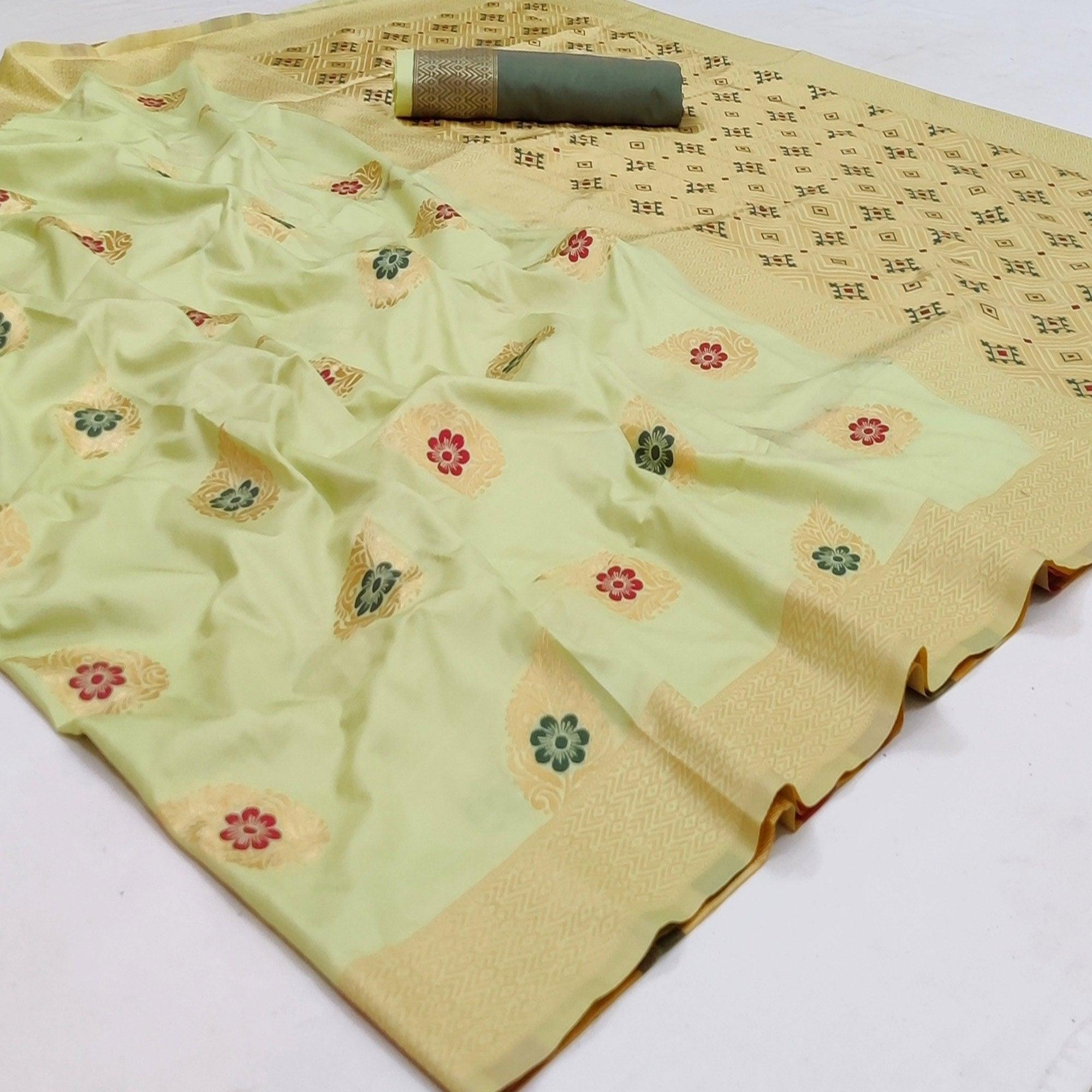 Light Pista Green Festive Wear Floral Woven Soft Silk Banarasi Saree - Peachmode