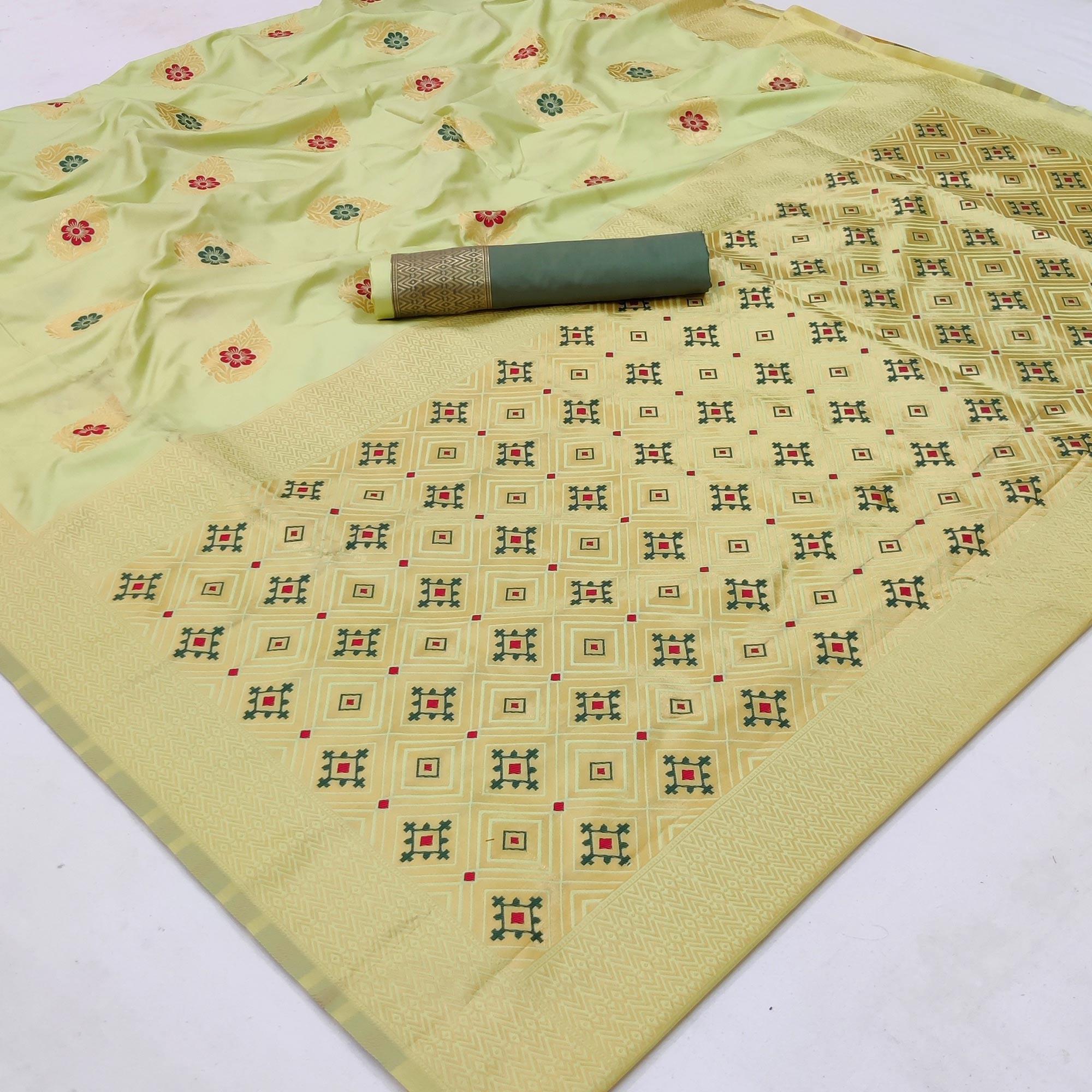 Light Pista Green Festive Wear Floral Woven Soft Silk Banarasi Saree - Peachmode