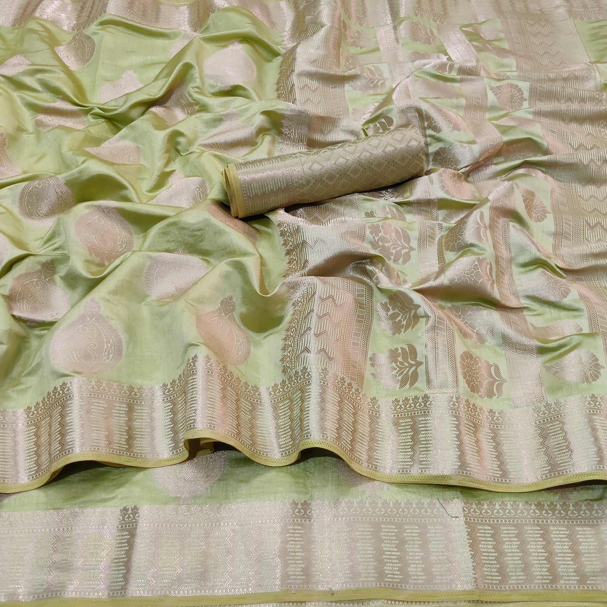 Light Pista Green Festive Wear Soft Jari Woven Art Silk Saree - Peachmode