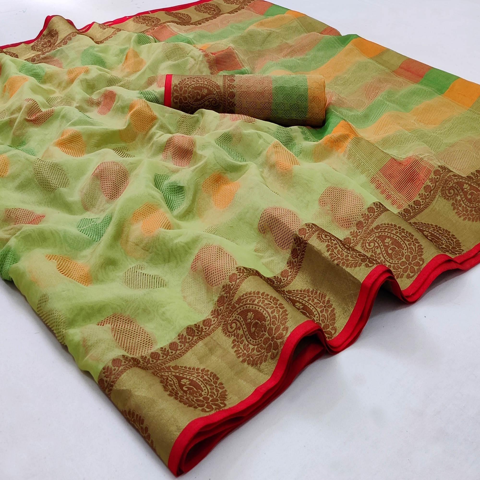 Light Pista Green Festive Wear Woven Rich Pallu Organza Saree - Peachmode