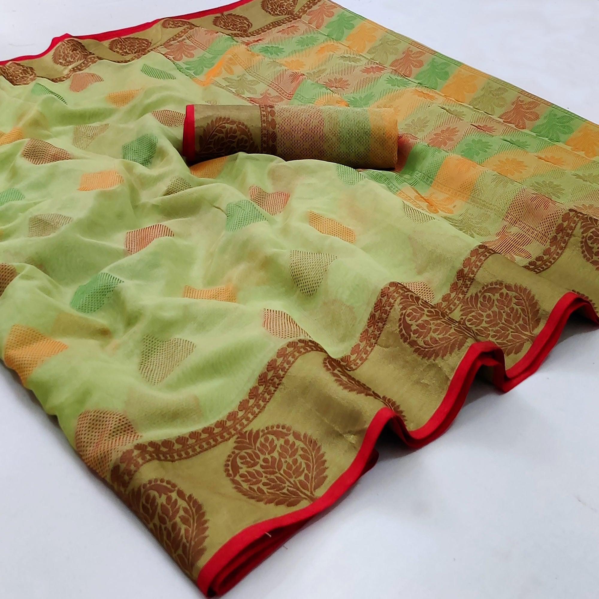 Light Pista Green Festive Wear Woven Rich Pallu Organza Saree - Peachmode