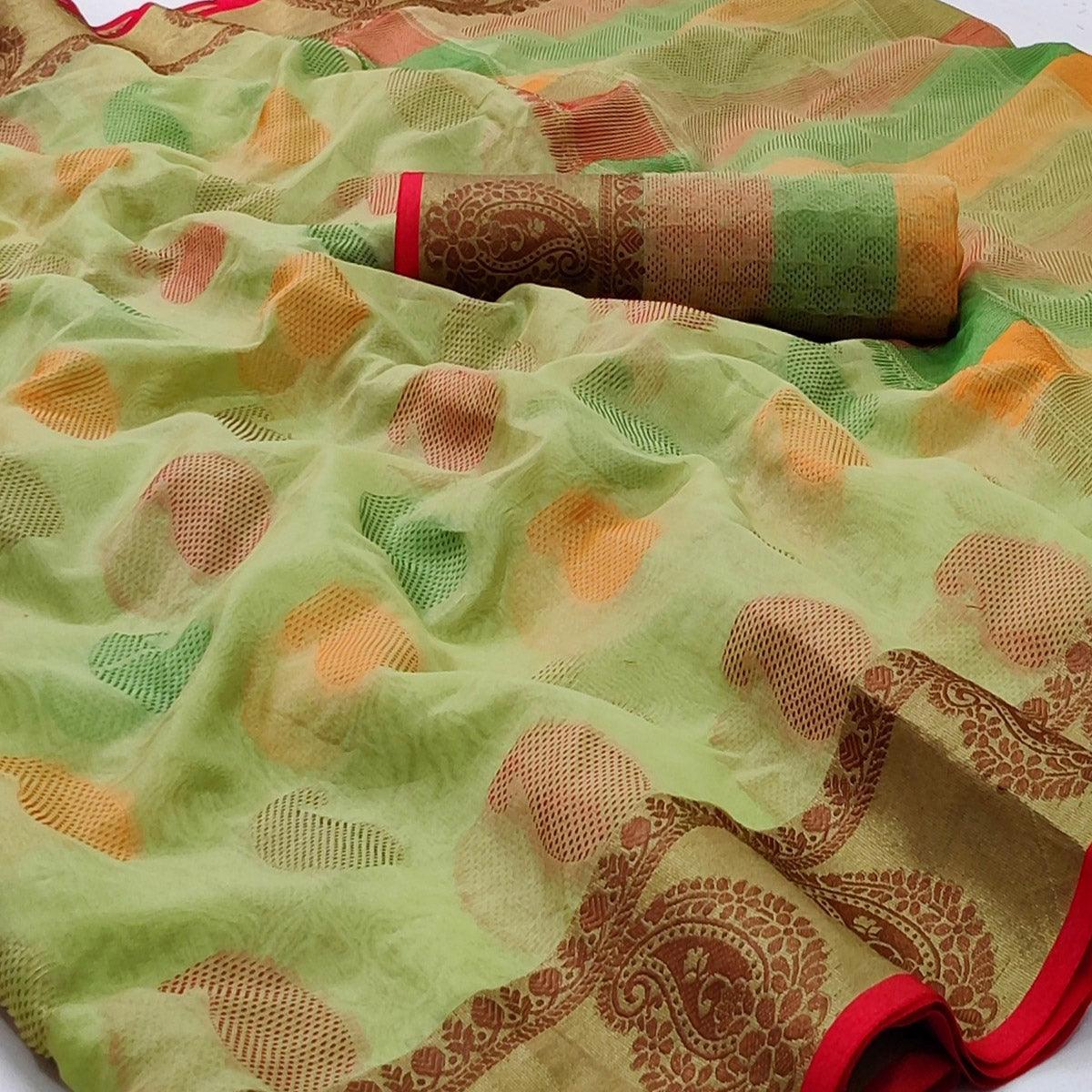 Light Pista Green Festive Wear Woven Rich Pallu Organza Saree - Peachmode