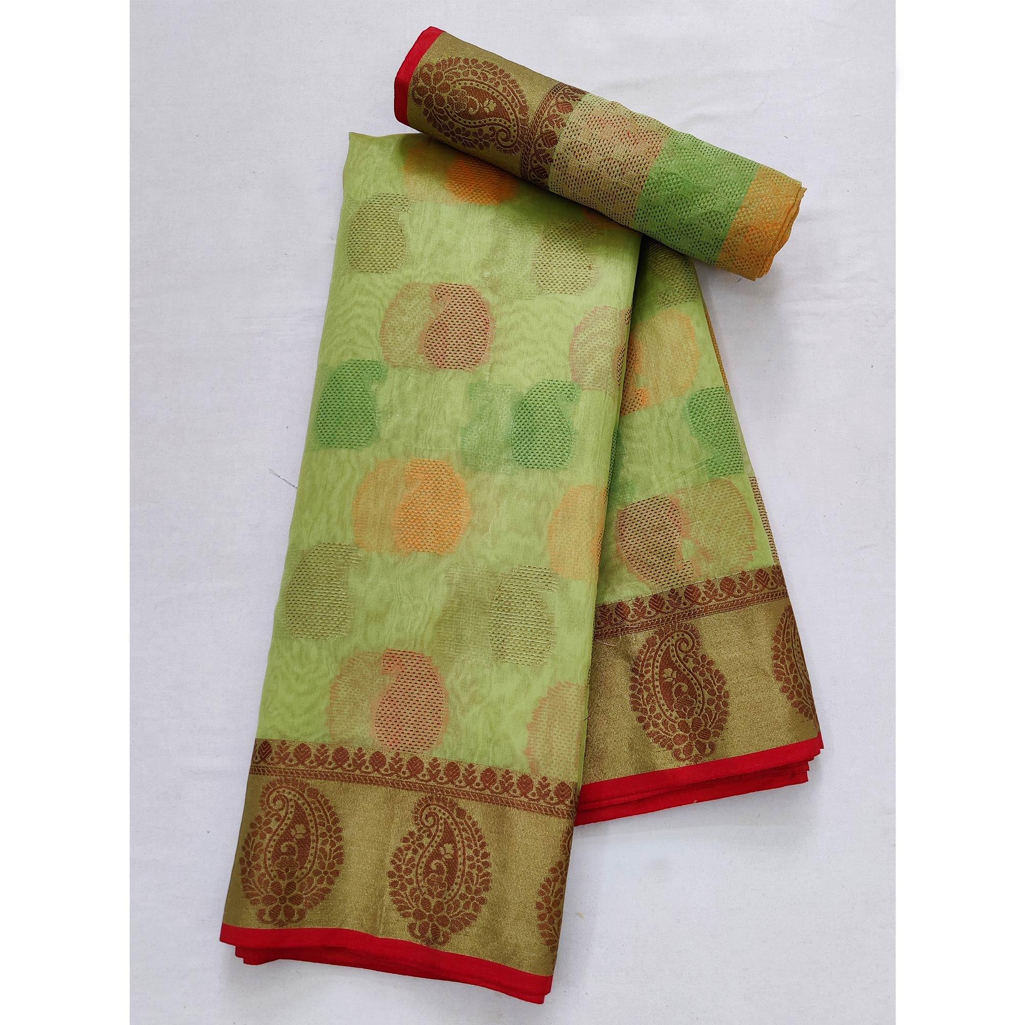 Light Pista Green Festive Wear Woven Rich Pallu Organza Saree - Peachmode