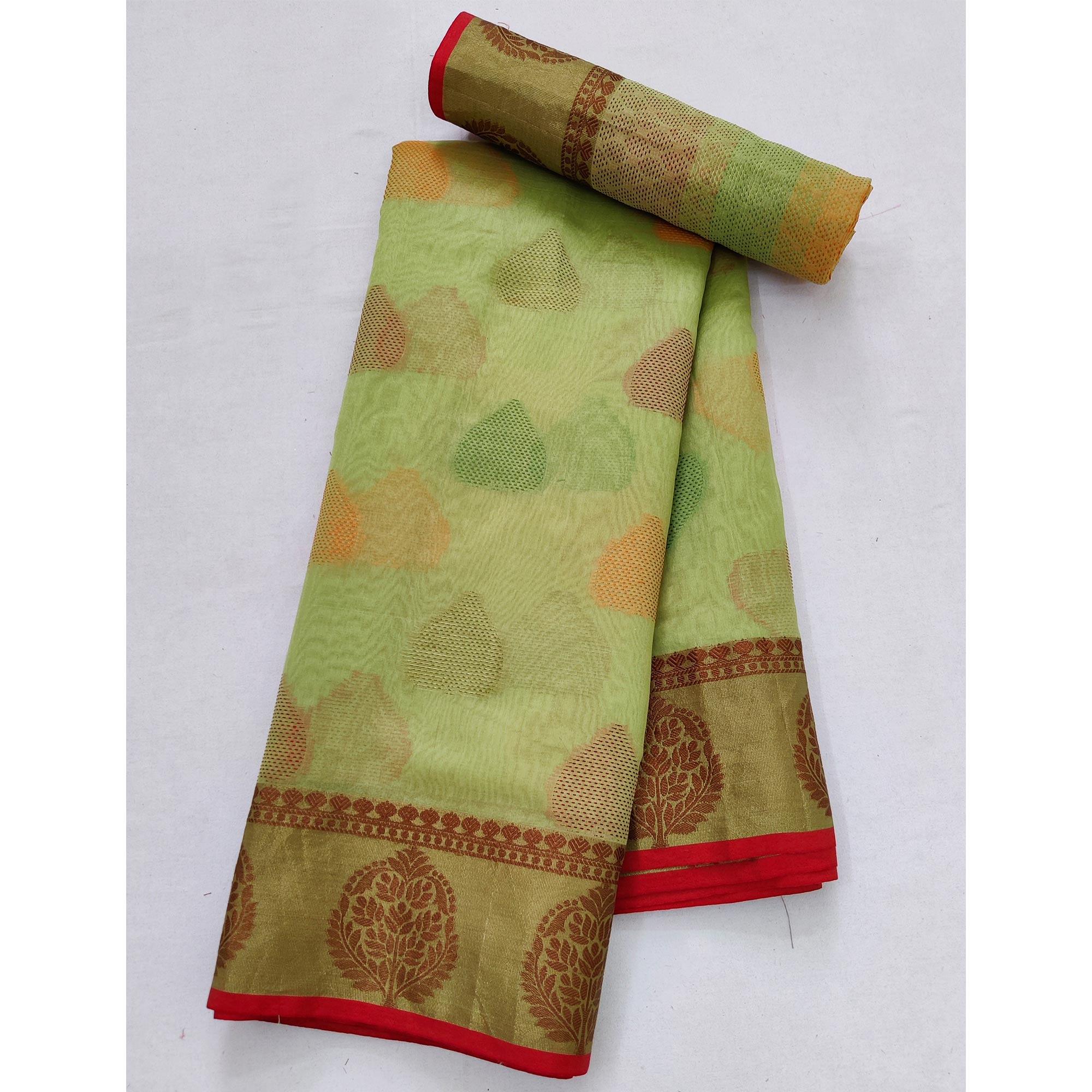 Light Pista Green Festive Wear Woven Rich Pallu Organza Saree - Peachmode